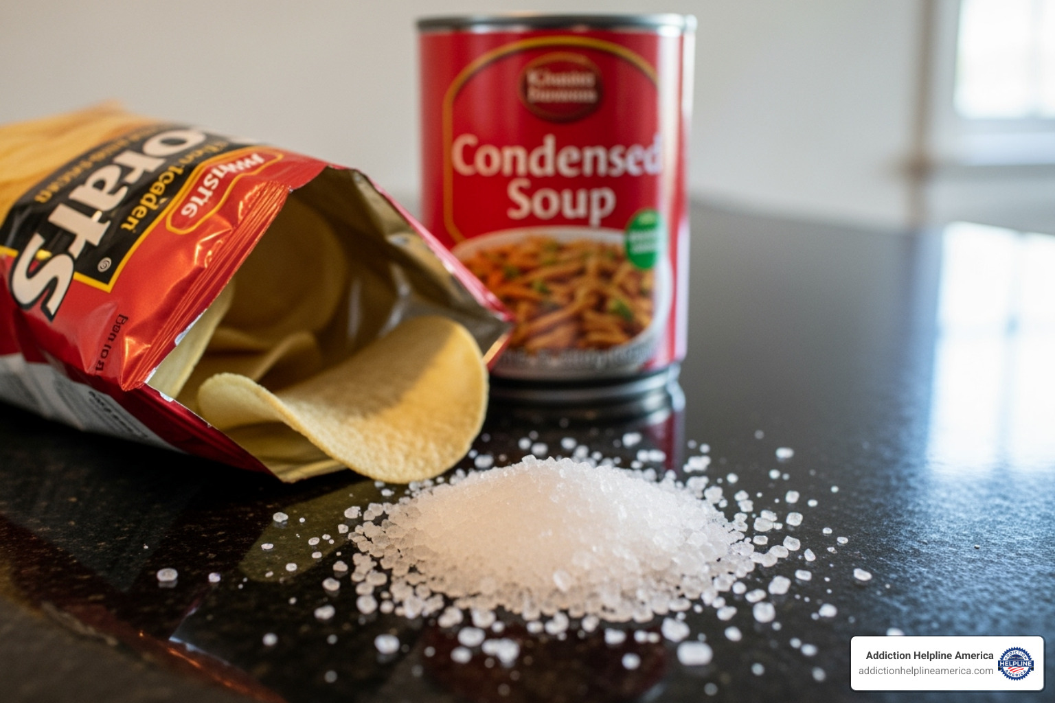 MSG crystals next to common processed foods like chips and canned soup - can msg and other chemicals in food cause drug addiction