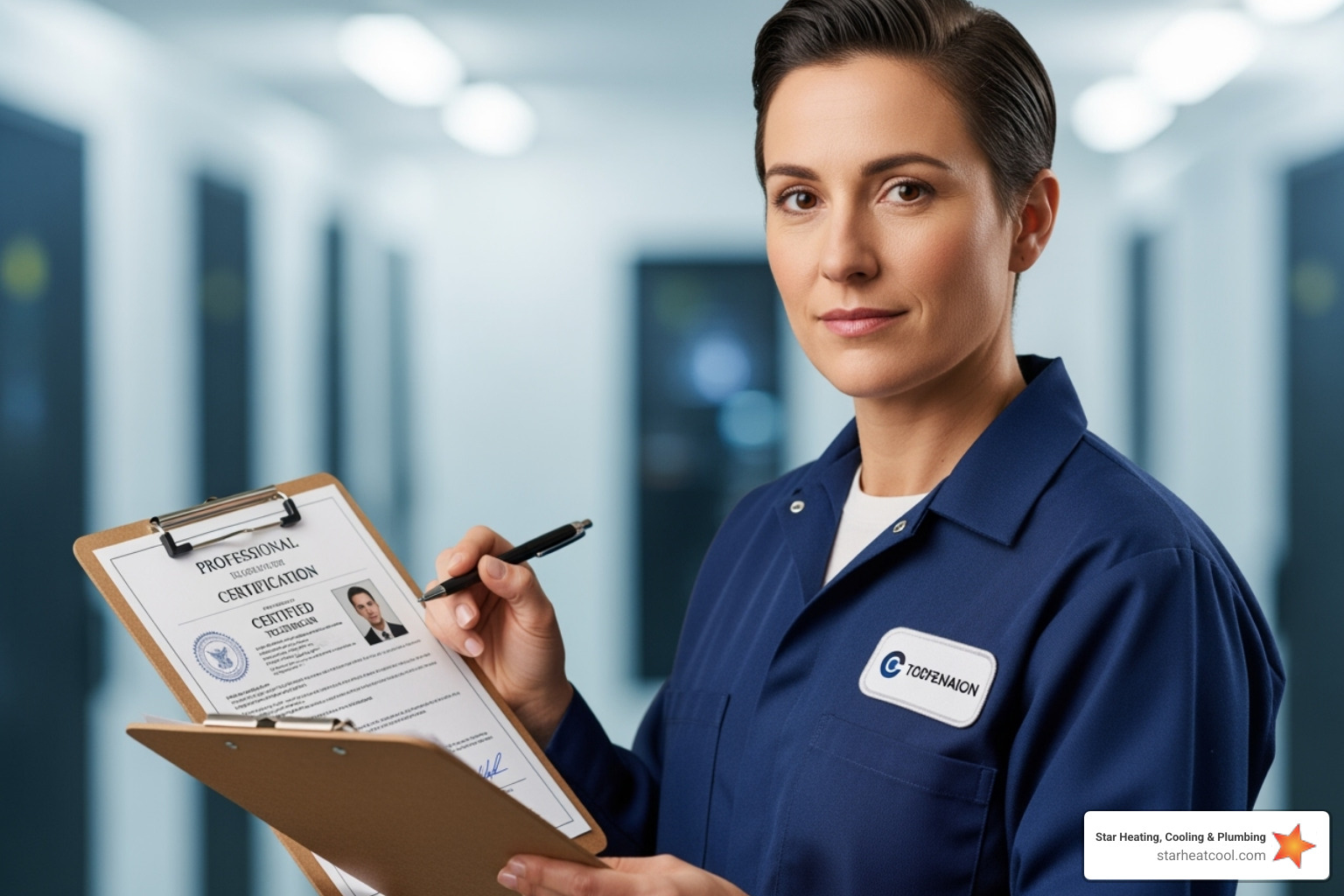 technician showing professional license on clipboard - licensed water heater contractor in anderson in