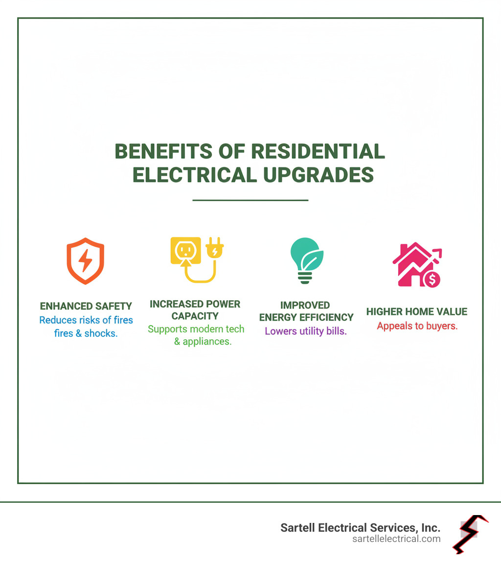Infographic detailing the key benefits of residential electrical upgrades: Enhanced Safety, Increased Power Capacity, Improved Energy Efficiency, and Higher Home Value. - Residential Electrical Upgrades infographic 