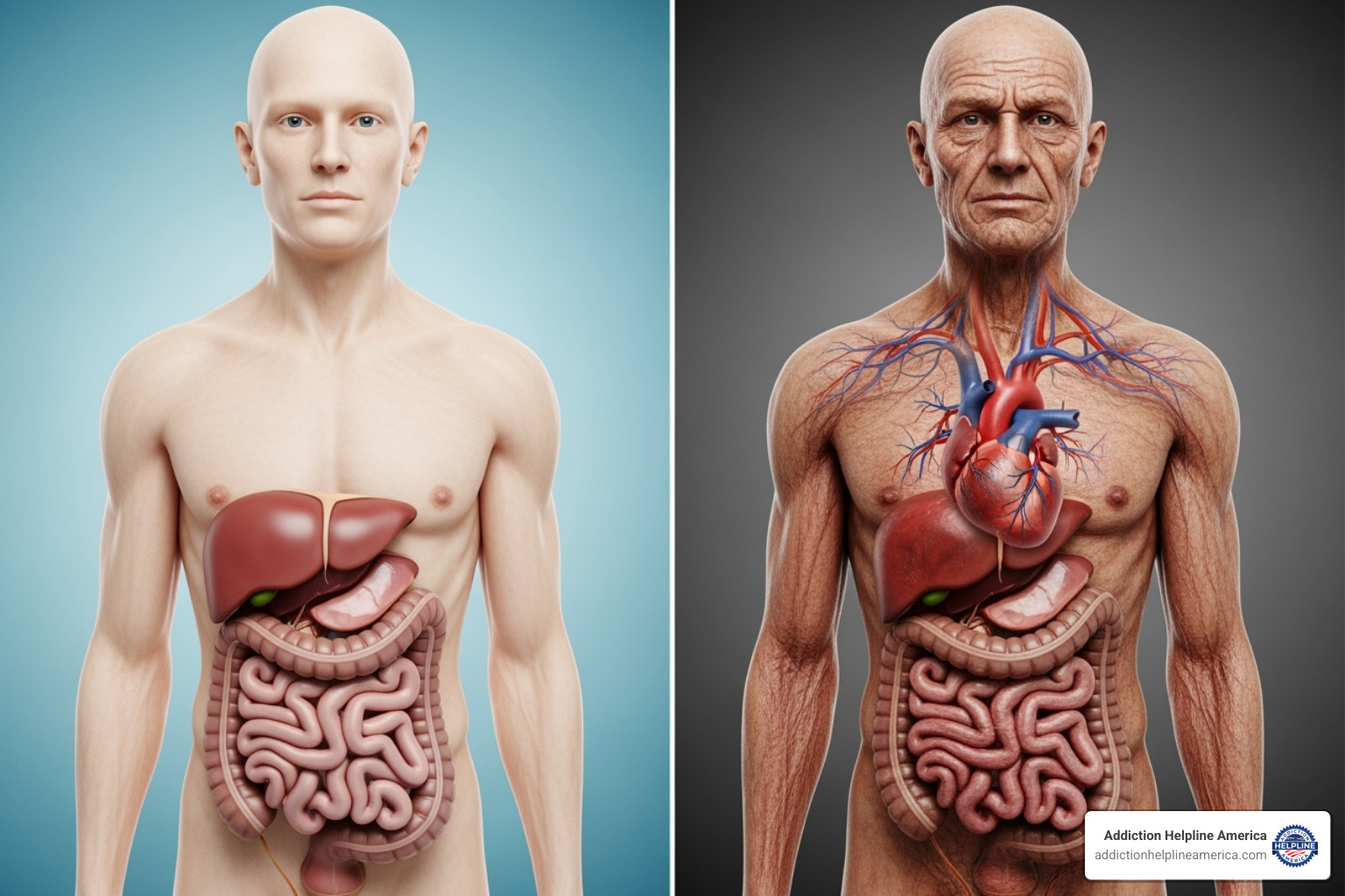 Image illustrating the contrast between a healthy body and one affected by alcohol - alcohol related issues Image illustrating the contrast between a healthy body and one affected by alcohol - alcohol related issues