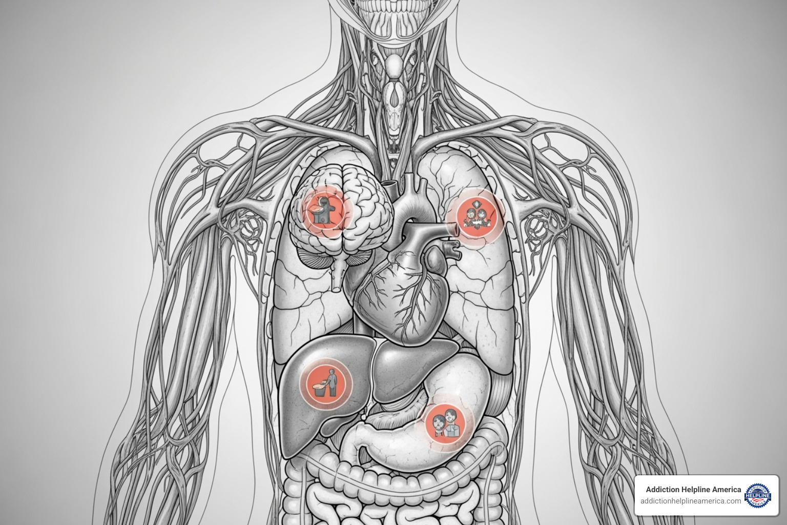 Image of the human body with icons highlighting affected organs - alcohol related issues Image of the human body with icons highlighting affected organs - alcohol related issues