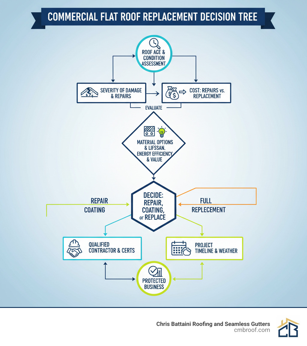 Infographic showing the commercial flat roof replacement decision tree: Start with roof age and condition assessment, evaluate severity of damage and frequency of repairs, compare cost of ongoing repairs vs replacement, consider material options and their lifespans, factor in energy efficiency improvements and property value increase, decide between repair, coating, or full replacement, select qualified contractor with proper certifications and insurance, plan project timeline around business operations and weather - commercial flat roof replacement near me infographic Infographic showing the commercial flat roof replacement decision tree: Start with roof age and condition assessment, evaluate severity of damage and frequency of repairs, compare cost of ongoing repairs vs replacement, consider material options and their lifespans, factor in energy efficiency improvements and property value increase, decide between repair, coating, or full replacement, select qualified contractor with proper certifications and insurance, plan project timeline around business operations and weather - commercial flat roof replacement near me infographic