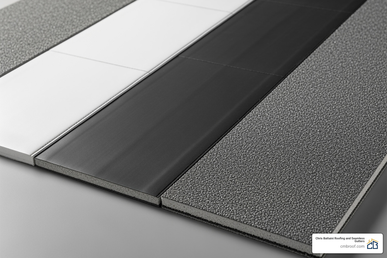 Image of different flat roofing material samples, like TPO, EPDM, and Modified Bitumen - commercial flat roof replacement near me Image of different flat roofing material samples, like TPO, EPDM, and Modified Bitumen - commercial flat roof replacement near me