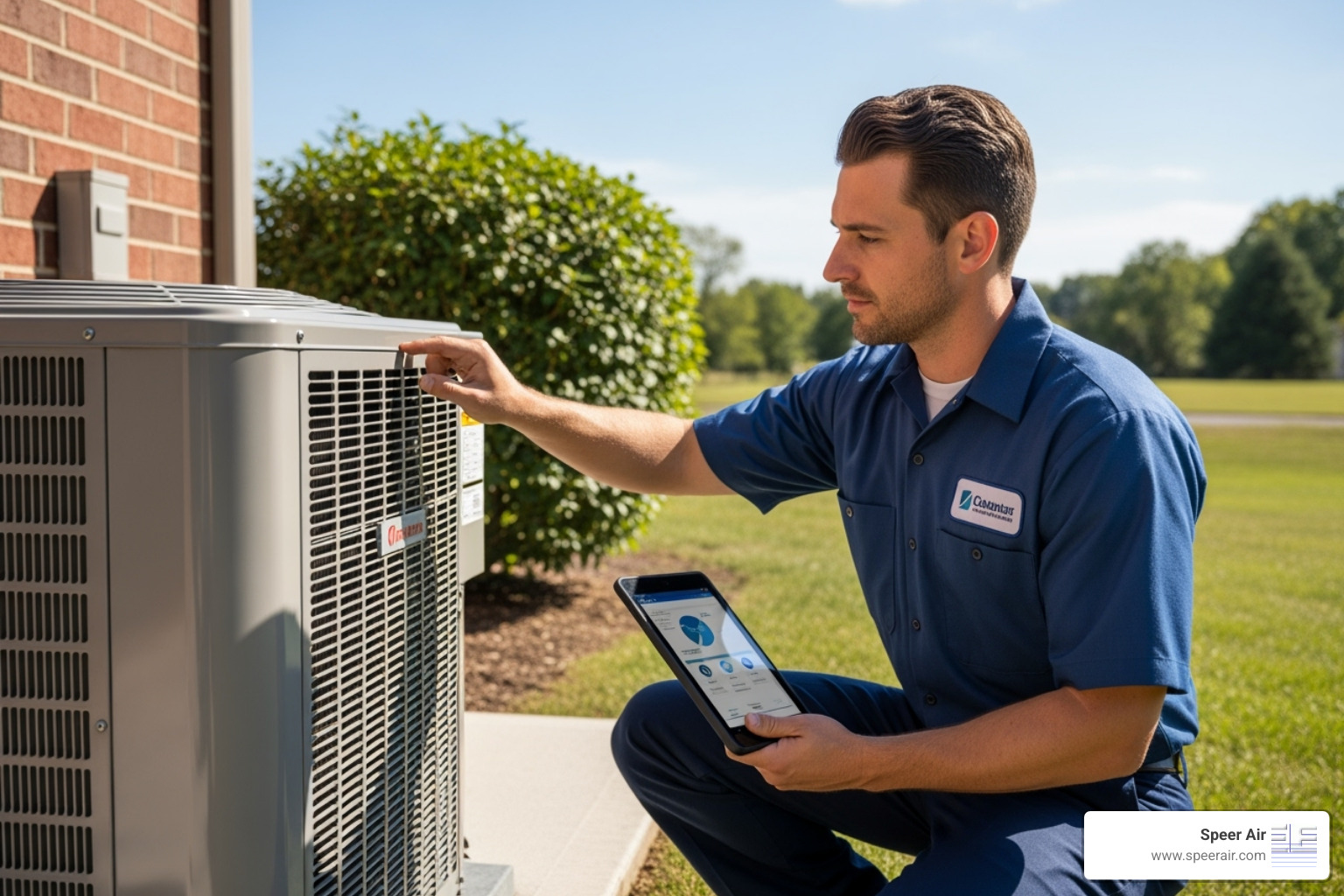 A professional, uniformed HVAC technician inspecting an outdoor unit with a tablet, ensuring optimal performance - energy saving hvac northern nj A professional, uniformed HVAC technician inspecting an outdoor unit with a tablet, ensuring optimal performance - energy saving hvac northern nj
