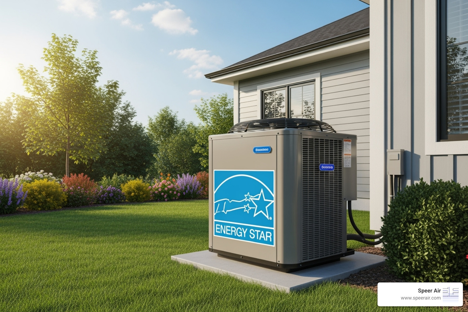 The ENERGY STAR logo prominently displayed on an outdoor HVAC unit, signifying energy efficiency - energy saving hvac northern nj The ENERGY STAR logo prominently displayed on an outdoor HVAC unit, signifying energy efficiency - energy saving hvac northern nj