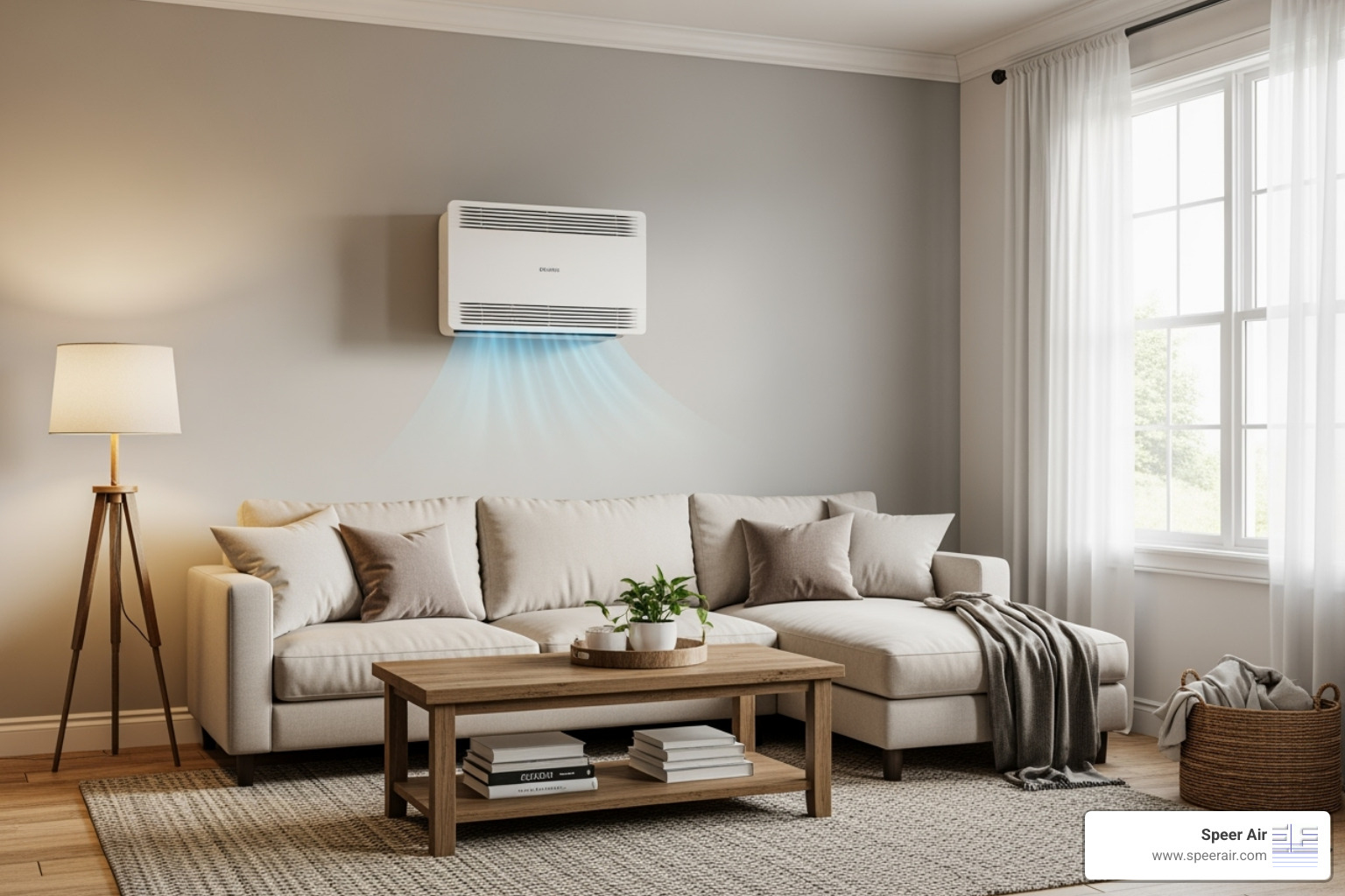 A sleek ductless mini-split unit mounted on a living room wall, providing targeted comfort - energy saving hvac northern nj A sleek ductless mini-split unit mounted on a living room wall, providing targeted comfort - energy saving hvac northern nj