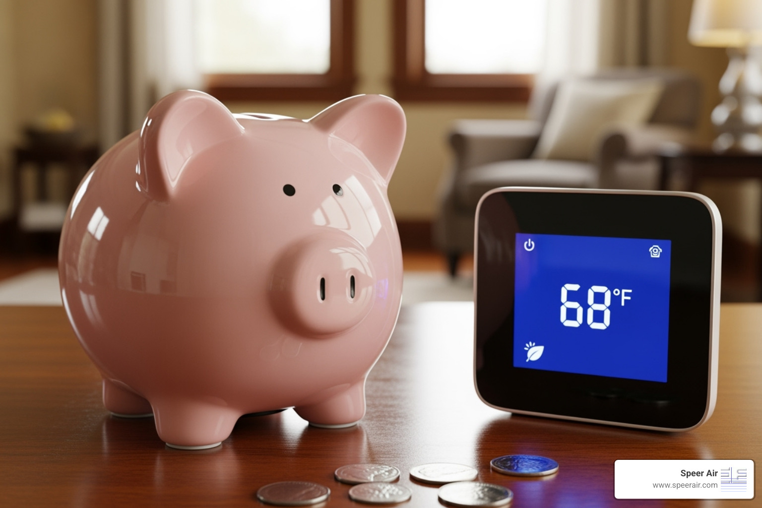 A piggy bank next to a thermostat showing a lower temperature, symbolizing energy and cost savings - energy saving hvac northern nj A piggy bank next to a thermostat showing a lower temperature, symbolizing energy and cost savings - energy saving hvac northern nj