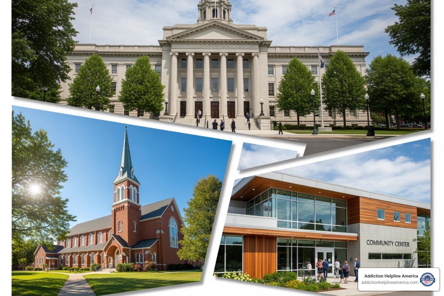 collage showing a government building, a church, and a non-profit community center - free inpatient drug rehab programs collage showing a government building, a church, and a non-profit community center - free inpatient drug rehab programs