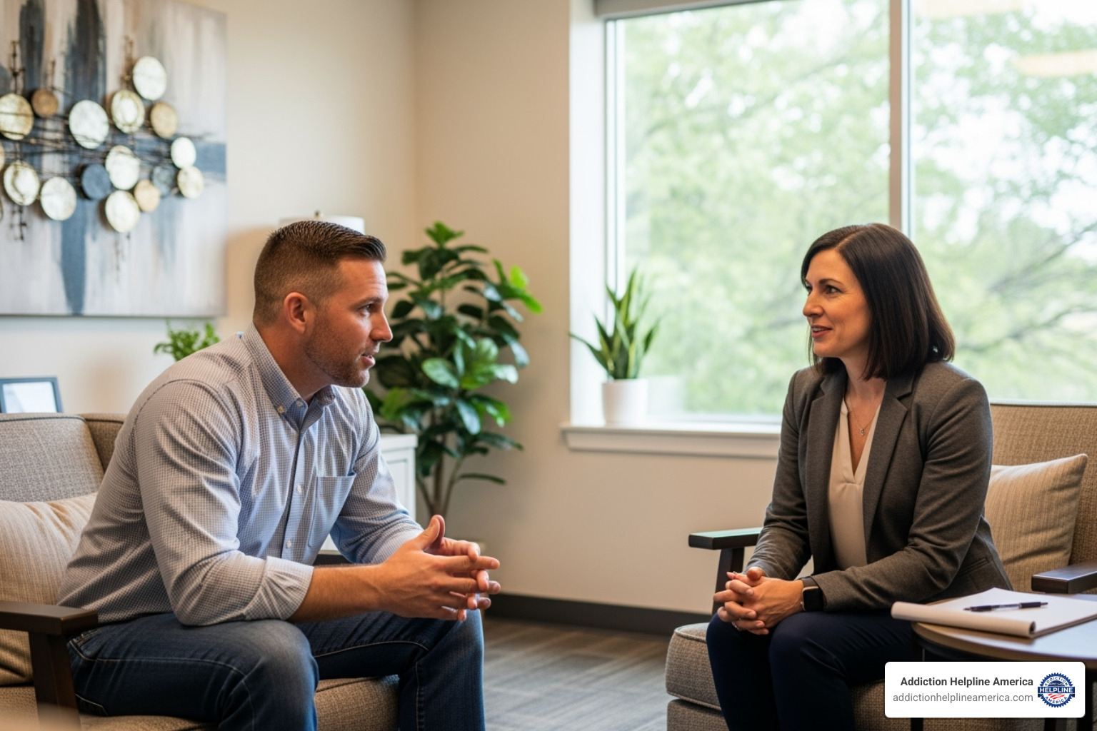 A Veteran speaking with a counselor or support representative - Veterans inpatient rehab A Veteran speaking with a counselor or support representative - Veterans inpatient rehab