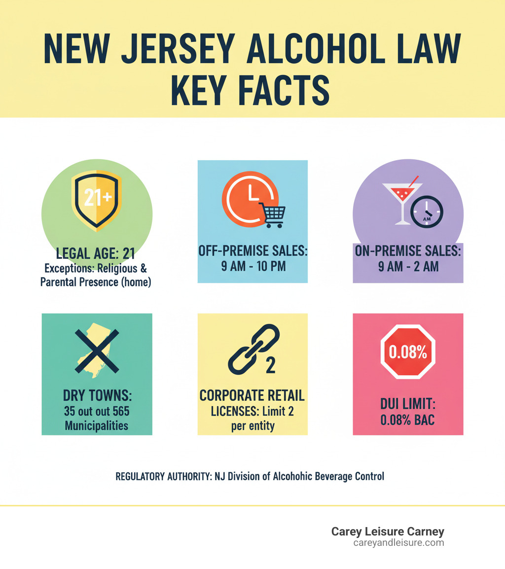 Infographic showing New Jersey alcohol law key facts: Legal drinking age is 21 years old with exceptions for religious services and parental presence at home; off-premise alcohol sales permitted 9 AM to 10 PM; on-premise sales permitted 9 AM to 2 AM; 35 dry towns out of 565 municipalities; corporations limited to 2 retail licenses; DUI limit 0.08% BAC; regulatory authority is NJ Division of Alcoholic Beverage Control - new jersey alcohol laws infographic 