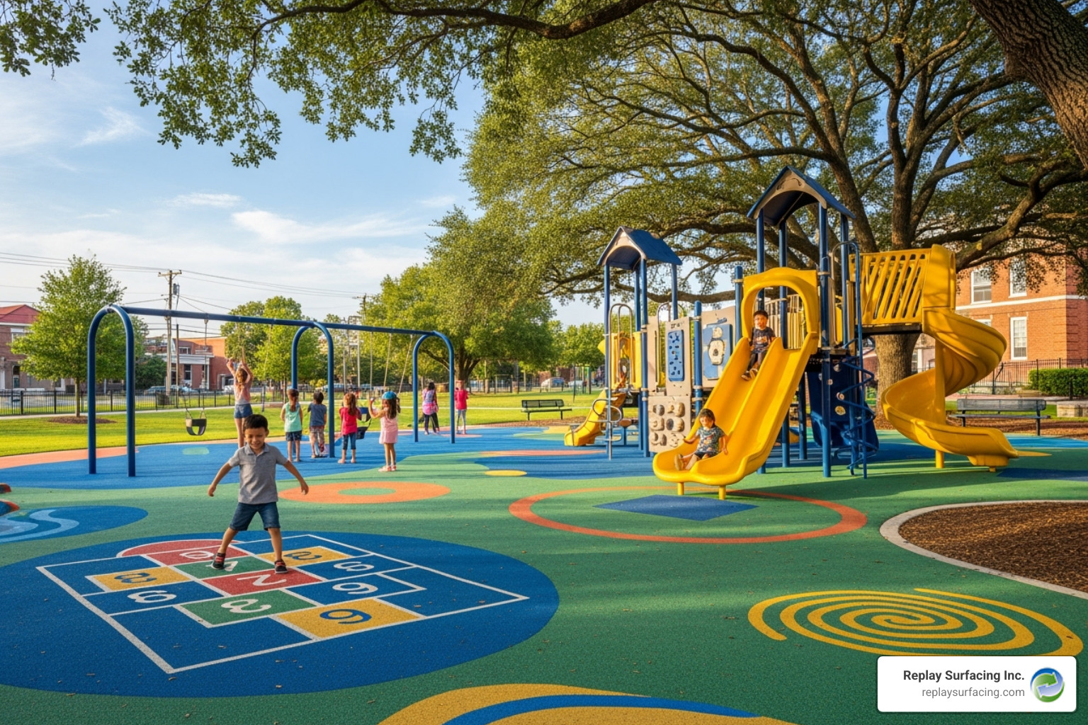 playground with colorful rubber surfacing incorporating games like hopscotch in Columbia, SC - best playground flooring playground with colorful rubber surfacing incorporating games like hopscotch in Columbia, SC - best playground flooring