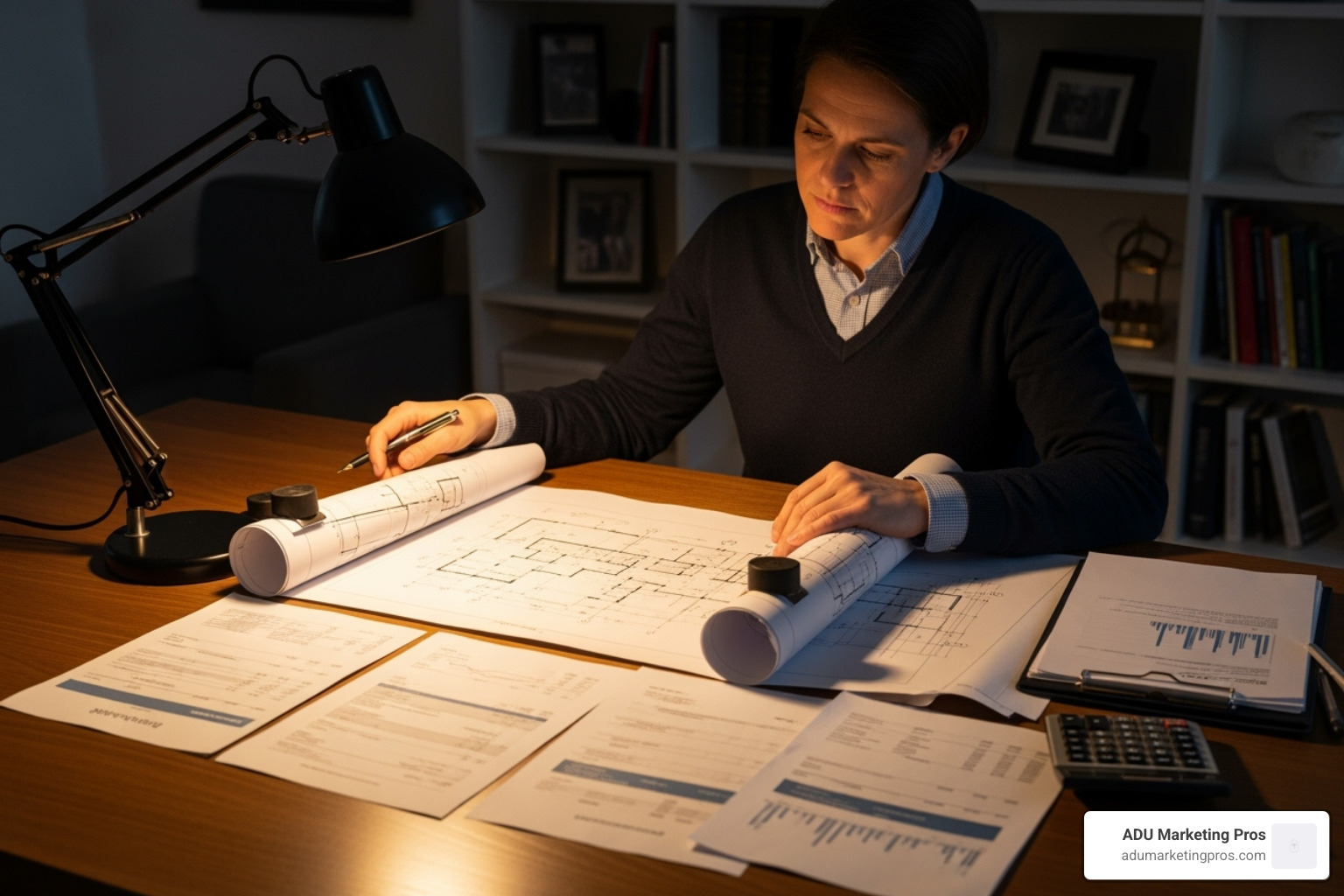 A homeowner reviewing blueprints and financial documents at a desk - adu rental income A homeowner reviewing blueprints and financial documents at a desk - adu rental income