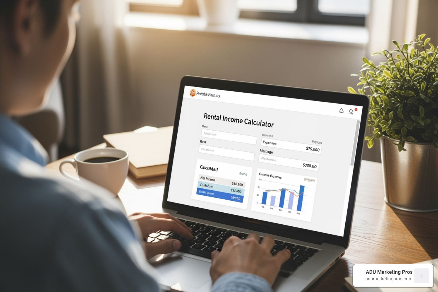 A person using a laptop with a rental calculator website on the screen - adu rental income A person using a laptop with a rental calculator website on the screen - adu rental income