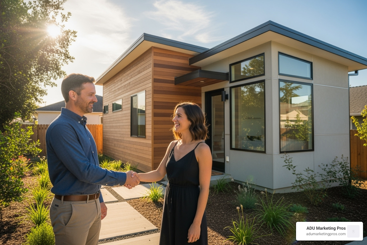 A landlord shaking hands with a new tenant in front of a beautiful ADU - adu rental income A landlord shaking hands with a new tenant in front of a beautiful ADU - adu rental income