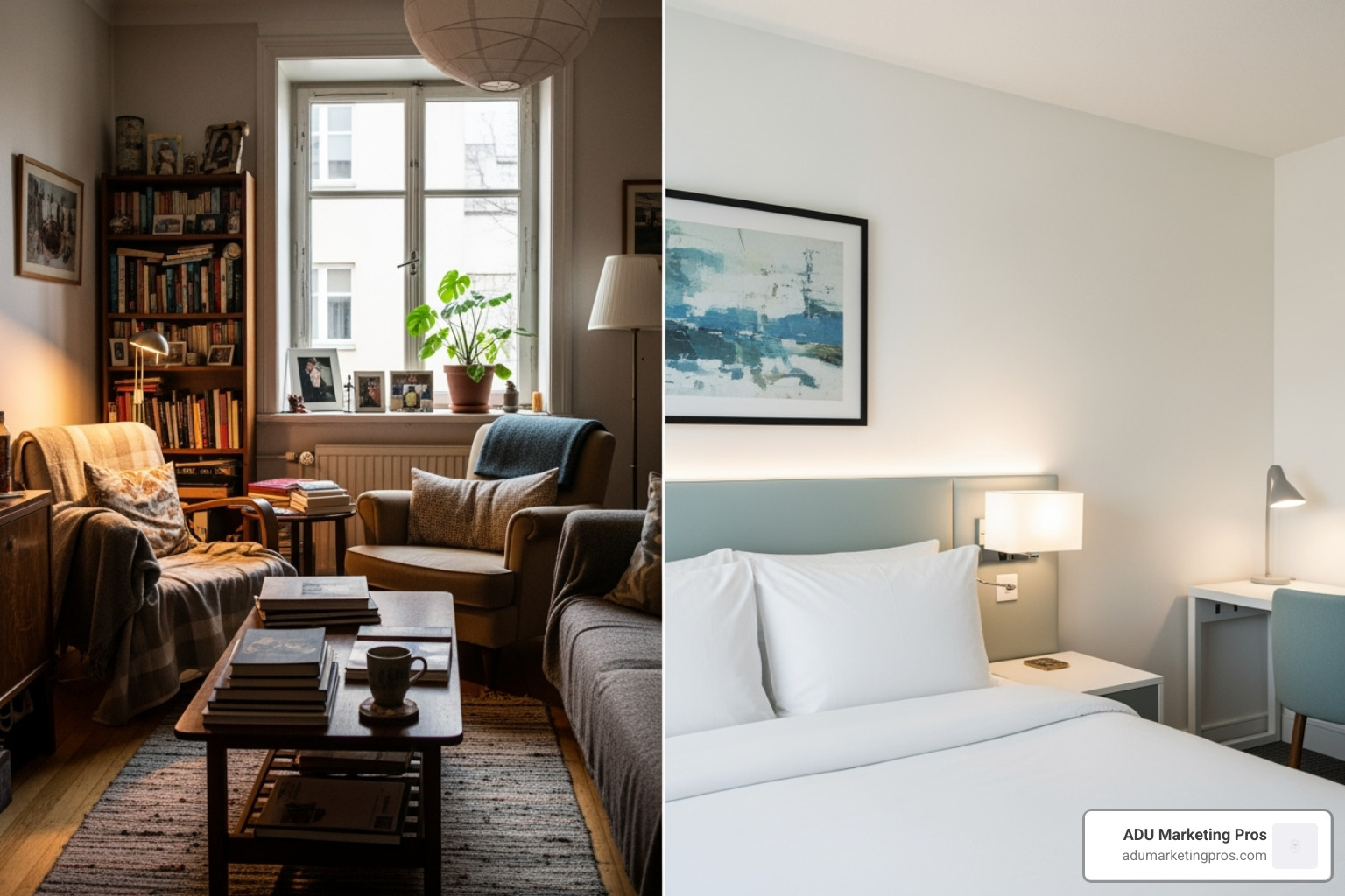 A split-screen showing a cozy, long-term rental setup on one side and a vacation-ready short-term rental on the other - adu rental income A split-screen showing a cozy, long-term rental setup on one side and a vacation-ready short-term rental on the other - adu rental income