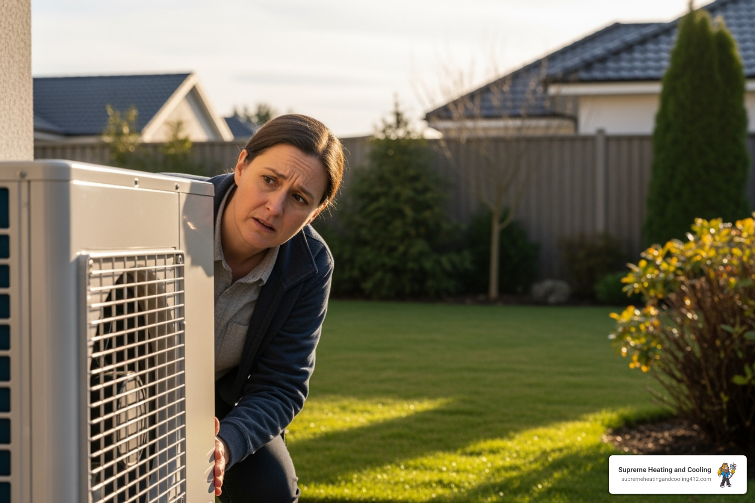 person looking concerned at outdoor heat pump unit - heat pump making noise in sewickley, pa
