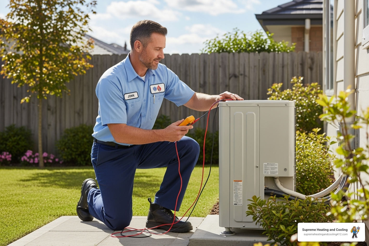 friendly technician inspecting outdoor unit - heat pump making noise in sewickley, pa