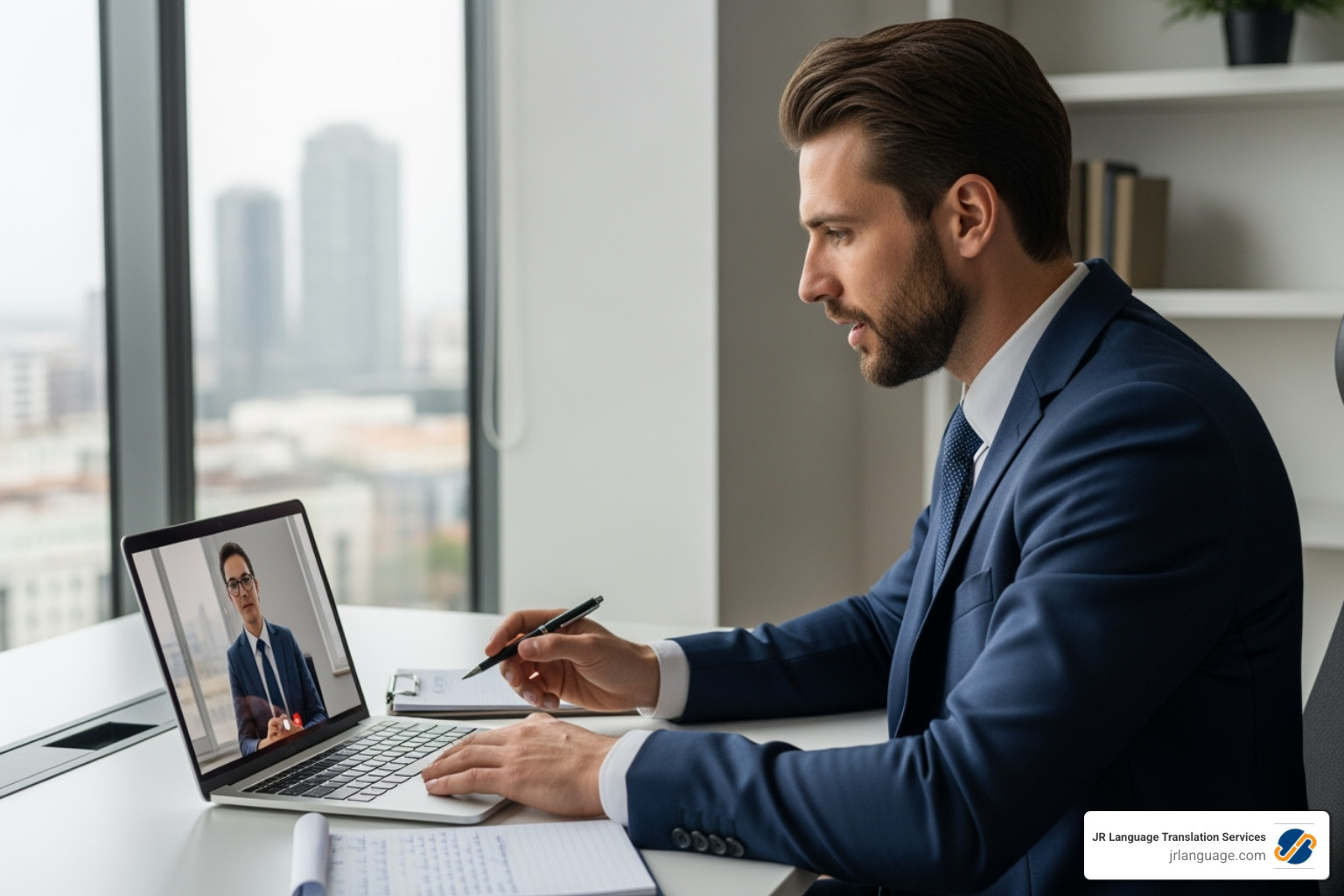 A person on a video call, interviewing a potential candidate for a translation role. - german legal translator