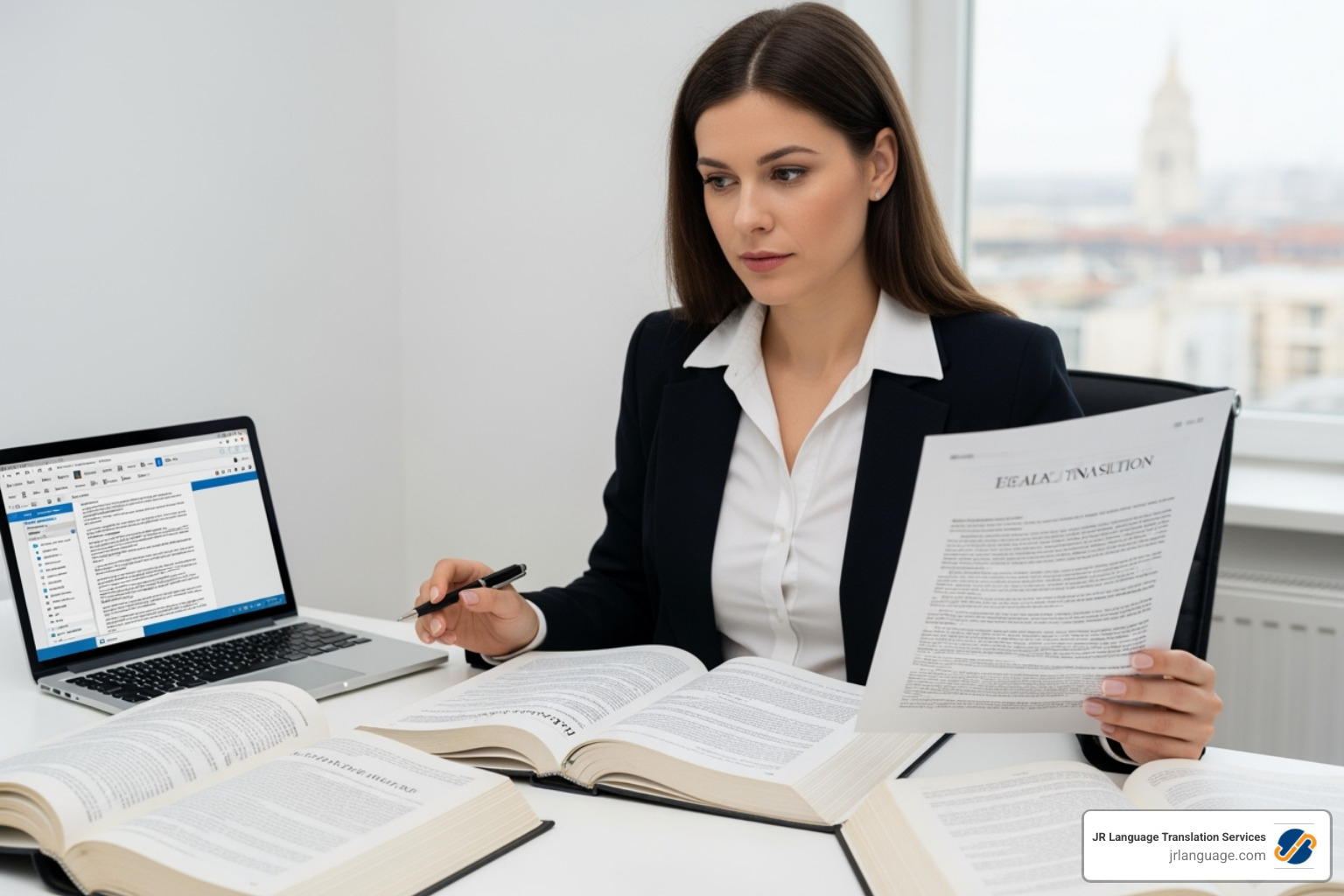 A professional translator's certificate next to a laptop, symbolizing qualifications and modern tools. - german legal translator