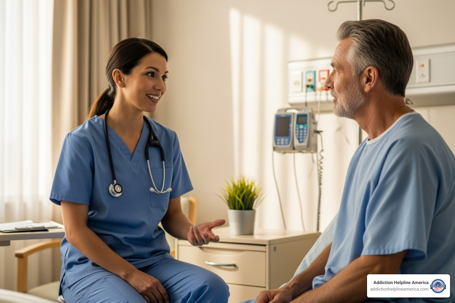A compassionate nurse speaking with a patient in a calm medical setting - Fentanyl rehab Costa Mesa