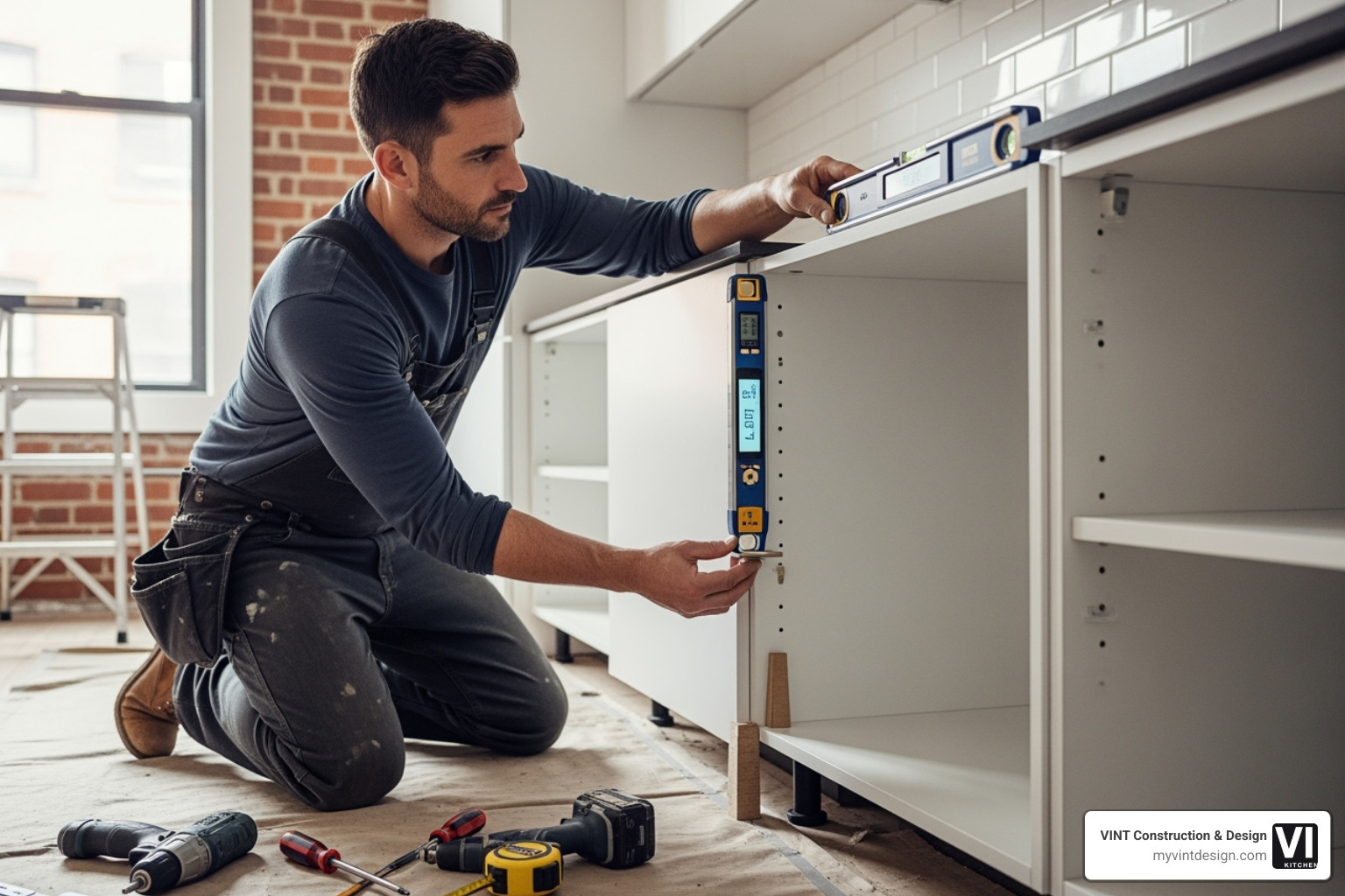 skilled craftsman adjusting a cabinet - IKEA kitchen installation NYC skilled craftsman adjusting a cabinet - IKEA kitchen installation NYC