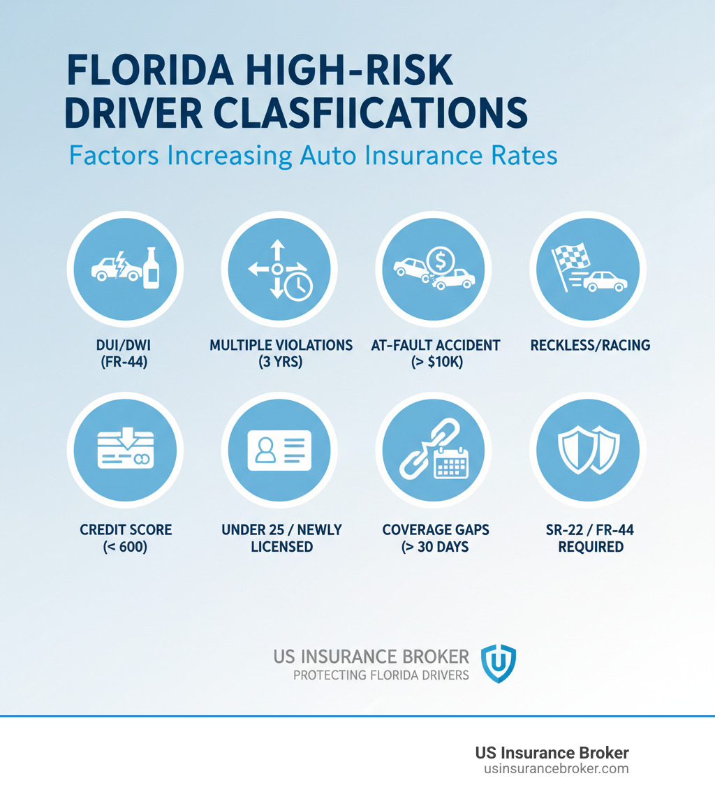 Infographic showing major factors that classify Florida drivers as high-risk: DUI/DWI convictions requiring FR-44 filing, multiple traffic violations within 3 years, at-fault accidents with claims over $10,000, reckless or racing citations, credit score below 600, drivers under 25 or newly licensed, insurance coverage gaps over 30 days, and SR-22/FR-44 certificate requirements - auto insurance for high risk drivers florida infographic Infographic showing major factors that classify Florida drivers as high-risk: DUI/DWI convictions requiring FR-44 filing, multiple traffic violations within 3 years, at-fault accidents with claims over $10,000, reckless or racing citations, credit score below 600, drivers under 25 or newly licensed, insurance coverage gaps over 30 days, and SR-22/FR-44 certificate requirements - auto insurance for high risk drivers florida infographic