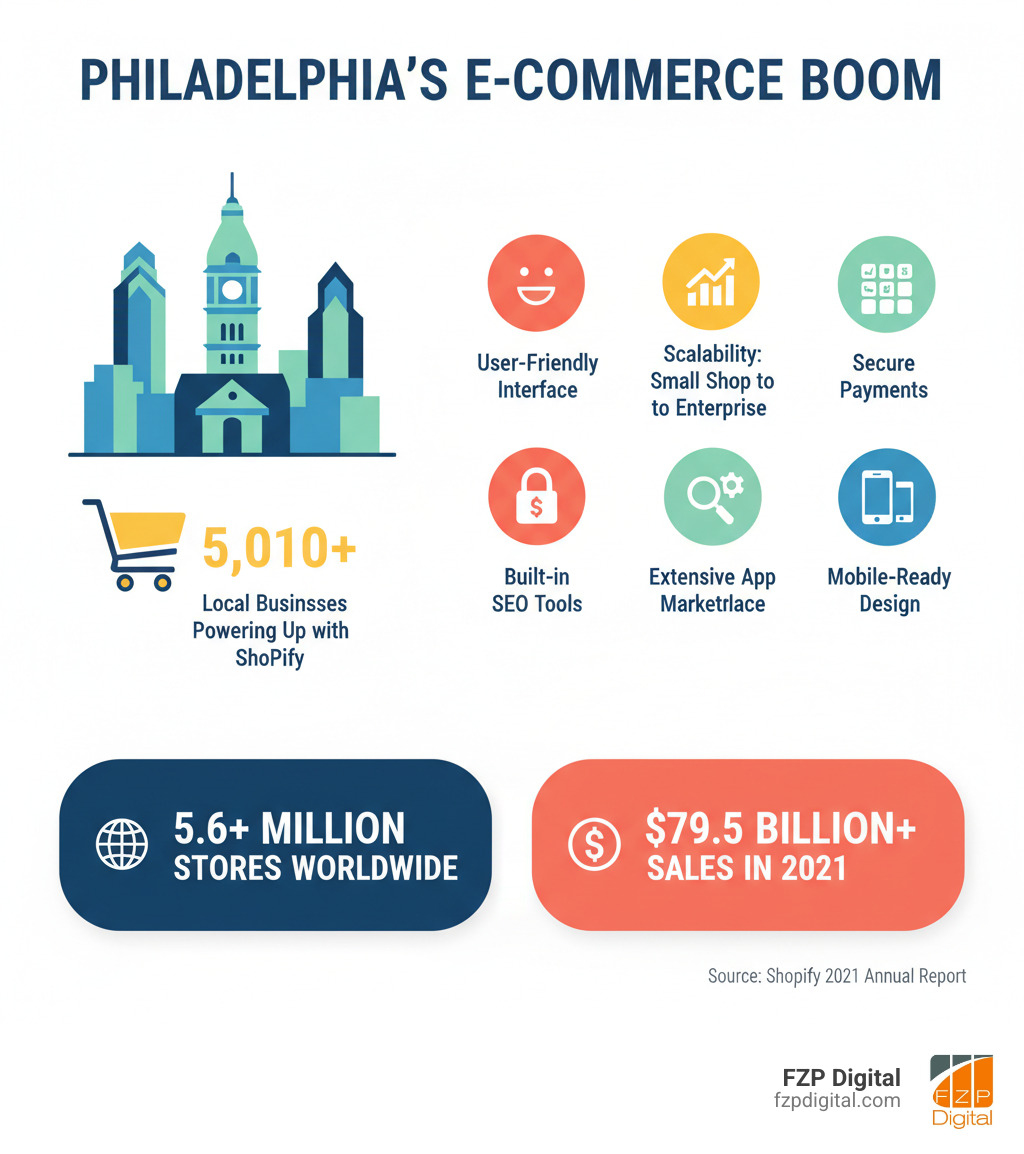 Infographic showing Philadelphia Shopify growth: 5,010+ local businesses using Shopify, key benefits including user-friendly interface, scalability from small shop to enterprise, secure payment processing, built-in SEO tools, extensive app marketplace, and mobile-ready design. Statistics showing over 5.6 million stores worldwide and $79.5 billion in sales through Shopify in 2021. - shopify web design philadelphia infographic Infographic showing Philadelphia Shopify growth: 5,010+ local businesses using Shopify, key benefits including user-friendly interface, scalability from small shop to enterprise, secure payment processing, built-in SEO tools, extensive app marketplace, and mobile-ready design. Statistics showing over 5.6 million stores worldwide and $79.5 billion in sales through Shopify in 2021. - shopify web design philadelphia infographic