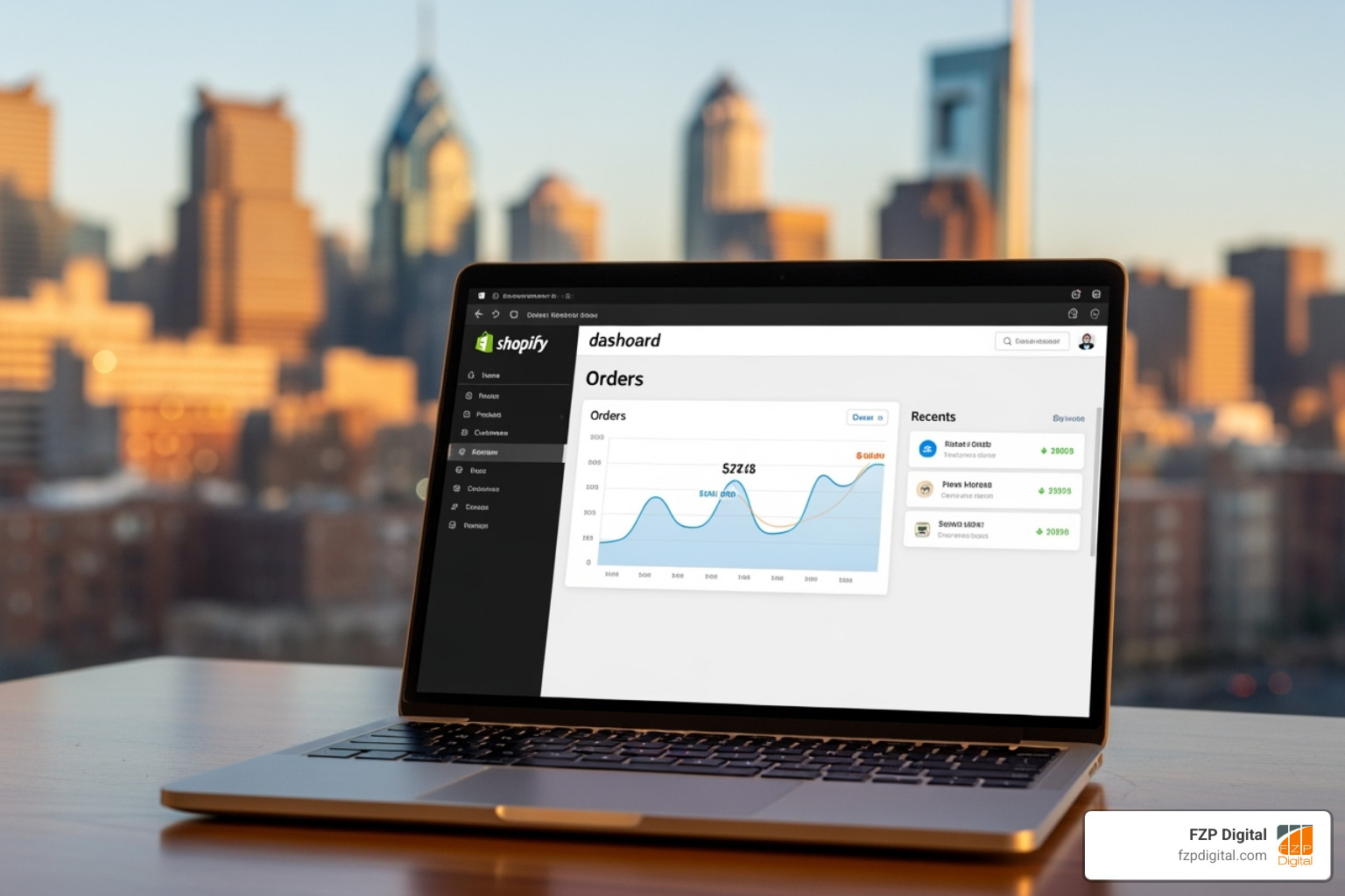 Shopify admin dashboard on a laptop with a Philadelphia cityscape background, clean and intuitive. - shopify web design philadelphia Shopify admin dashboard on a laptop with a Philadelphia cityscape background, clean and intuitive. - shopify web design philadelphia