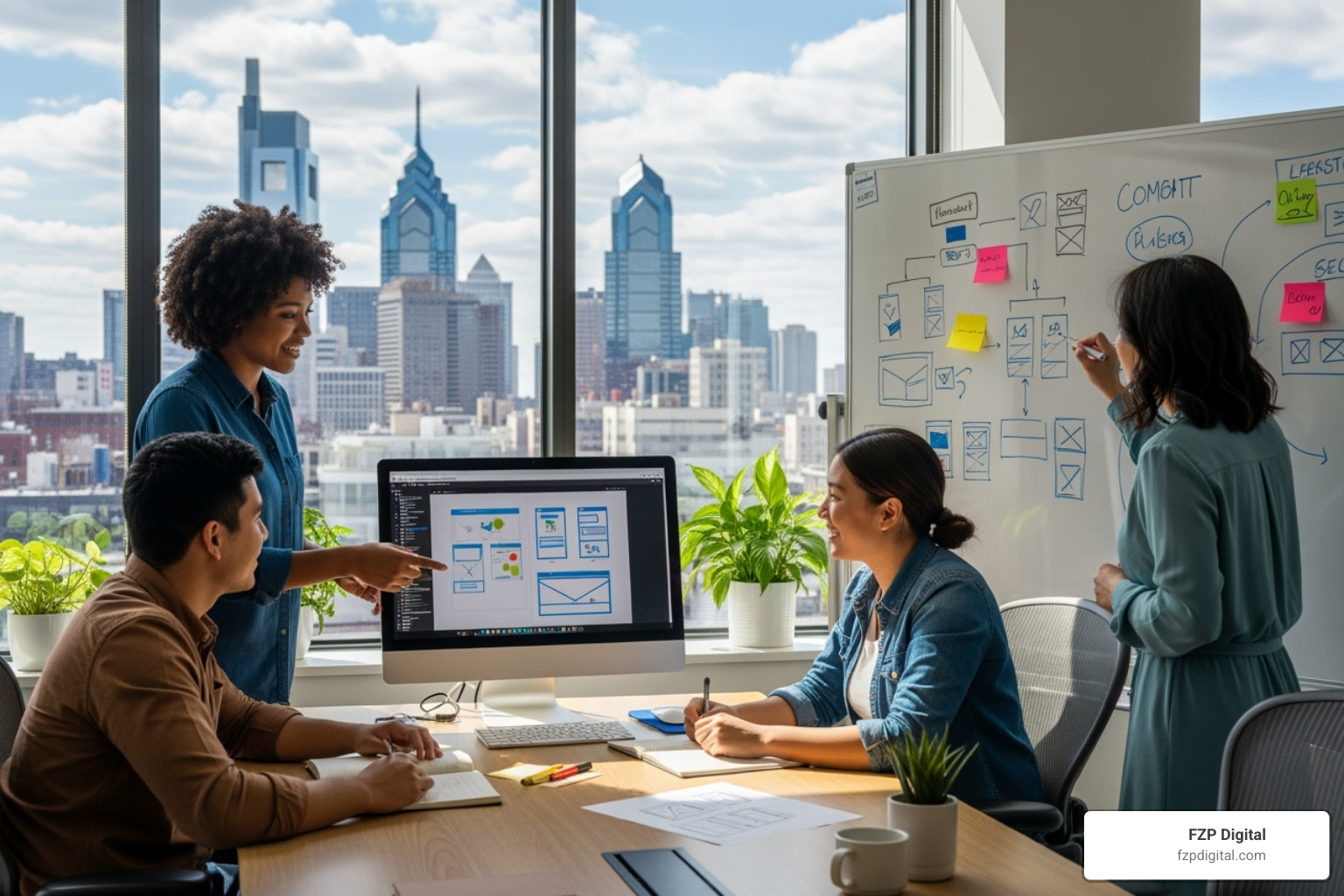 A friendly team collaborating around a computer, sketching out ideas for a website design, with the Philadelphia skyline visible in the background. - shopify web design philadelphia A friendly team collaborating around a computer, sketching out ideas for a website design, with the Philadelphia skyline visible in the background. - shopify web design philadelphia