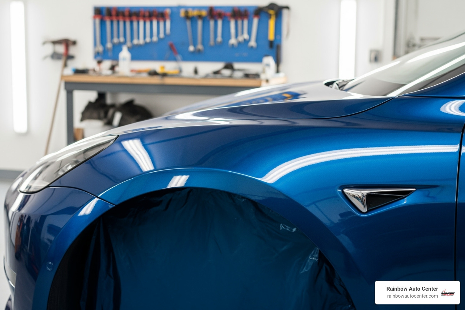 Perfectly repaired and painted Tesla fender gleaming under the light at Rainbow Auto Center - tesla dent repair near me
