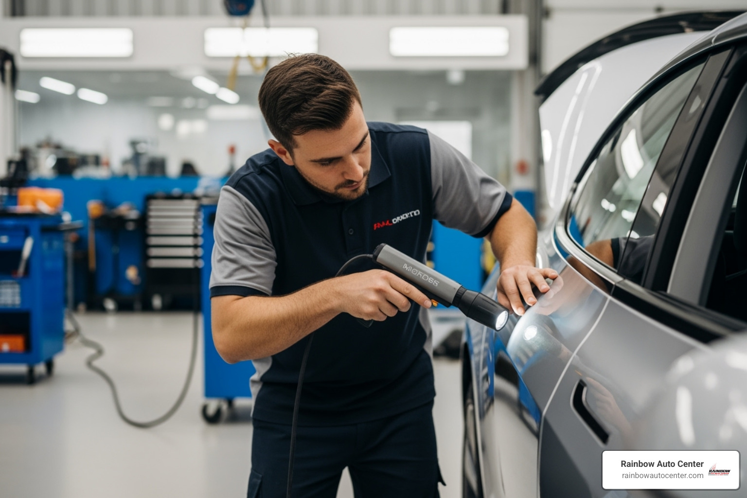 Technician at Rainbow Auto Center examining a Tesla's aluminum panel with a specialized light - tesla dent repair near me