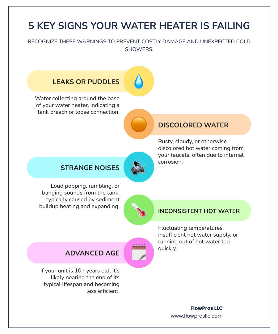 infographic showing 5 key warning signs your water heater is failing including puddles or leaks around the base, rusty or discolored water from taps, loud popping or rumbling noises during heating, inconsistent water temperature, and a unit age of 10 plus years - water heater installation and repair maintenance service in odessa, fl infographic infographic-line-5-steps-colors