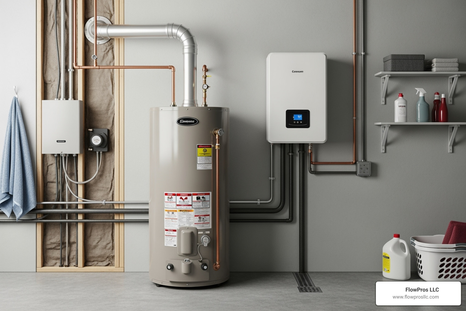 side-by-side examples of a traditional tank water heater and a modern tankless unit - water heater installation and repair maintenance service in odessa, fl