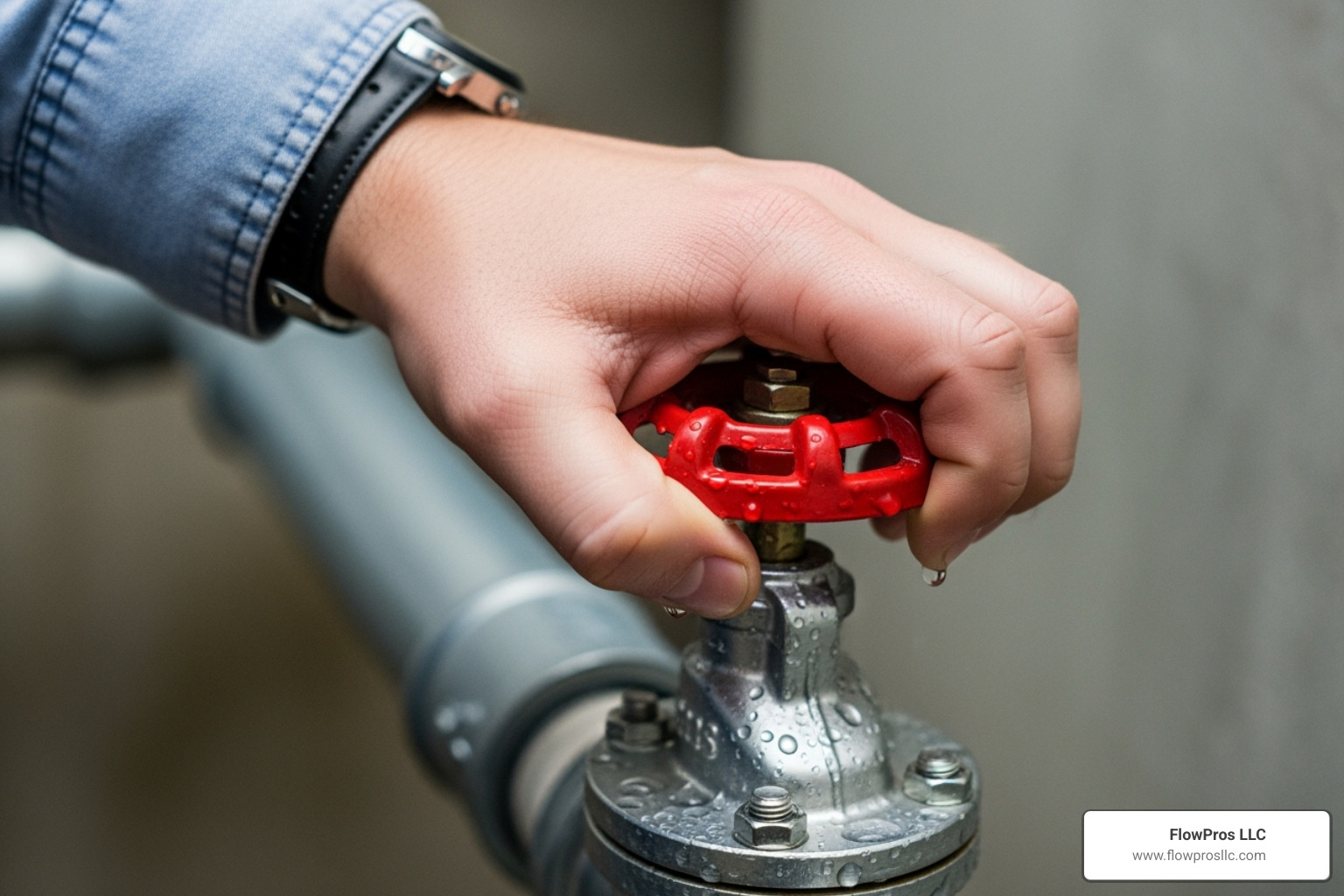 a hand turning a water shut-off valve on a pipe - water heater installation and repair maintenance service in odessa, fl