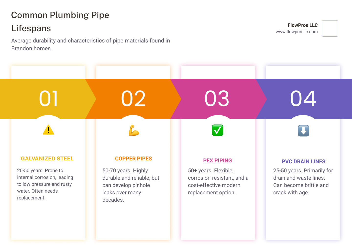 Infographic showing the average lifespan of different pipe materials commonly found in Brandon homes: Galvanized Steel Pipes 20-50 years often corroded by now, Copper Pipes 50-70 years still going strong in many homes, PEX Pipes 50+ years modern replacement option, PVC Pipes 25-50 years for drain lines, with icons indicating when replacement is recommended based on home age and visible signs like discoloration or leaks - residential plumbing services replacement in brandon, fl infographic pillar-4-steps