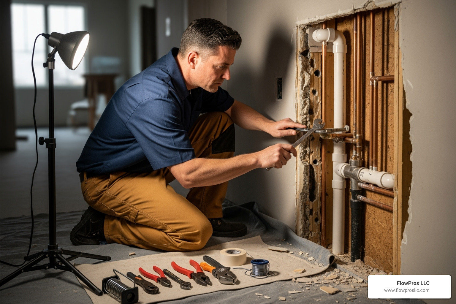plumber carefully working on pipes inside a wall - residential plumbing services replacement in brandon, fl