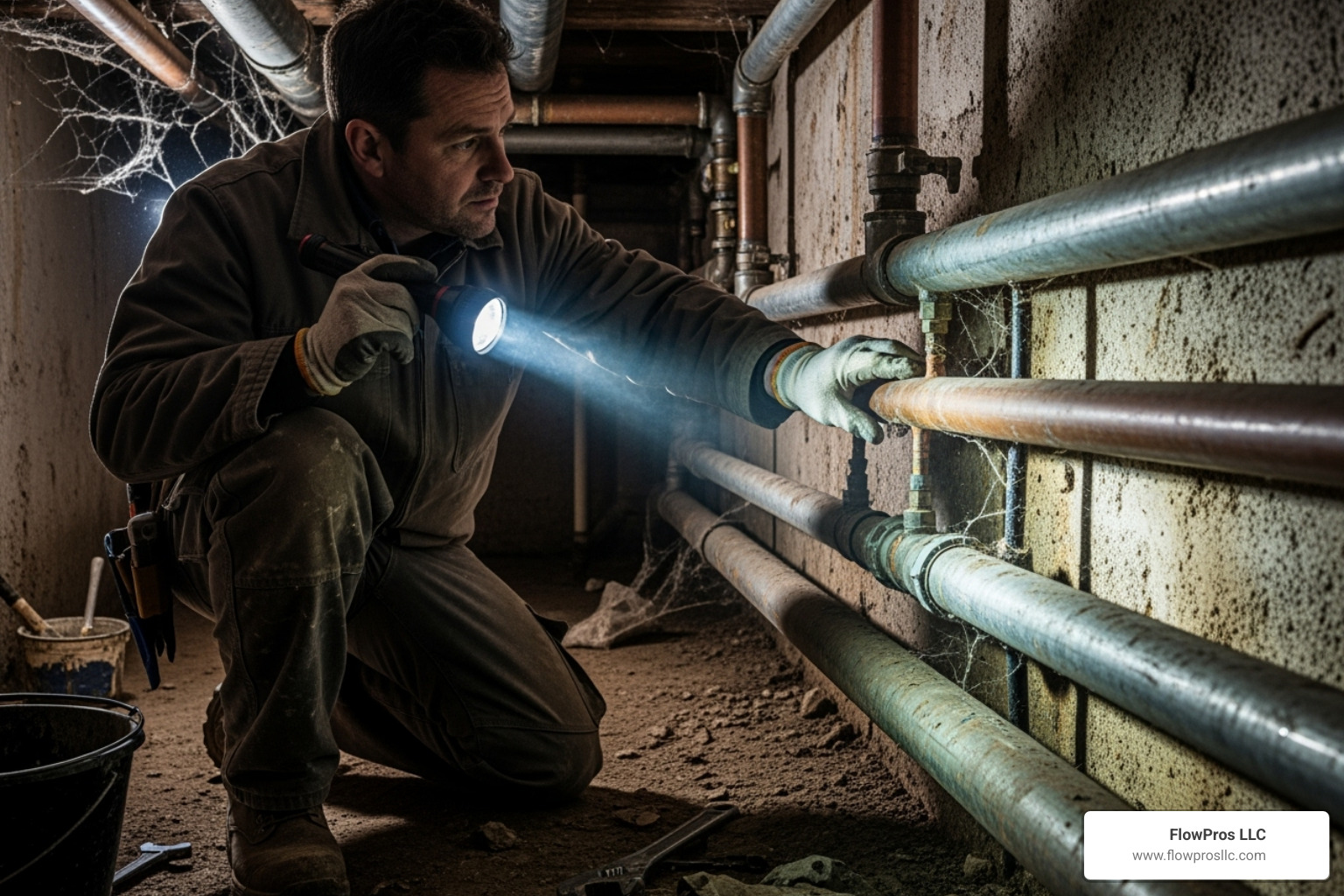 plumber inspecting pipes with a flashlight - residential plumbing services replacement in brandon, fl