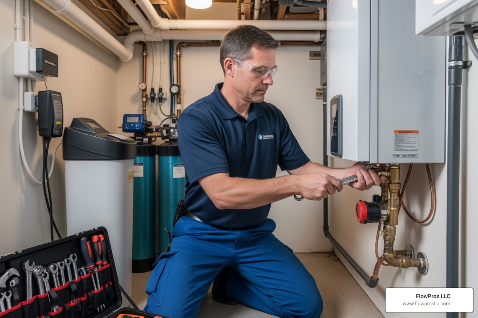 a technician servicing a tankless water heater unit - 24 hour water heater installation and repair service in odessa, fl a technician servicing a tankless water heater unit - 24 hour water heater installation and repair service in odessa, fl