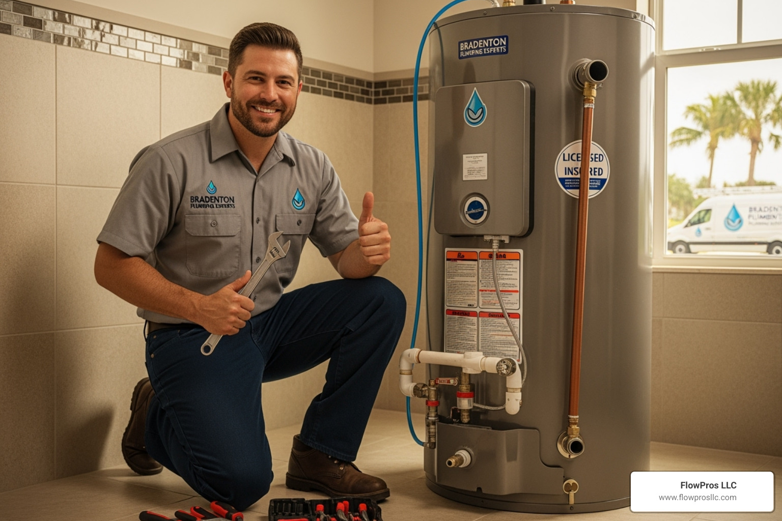 professional plumber smiling after successful water heater service - best water heater installation and repair company in bradenton, fl professional plumber smiling after successful water heater service - best water heater installation and repair company in bradenton, fl