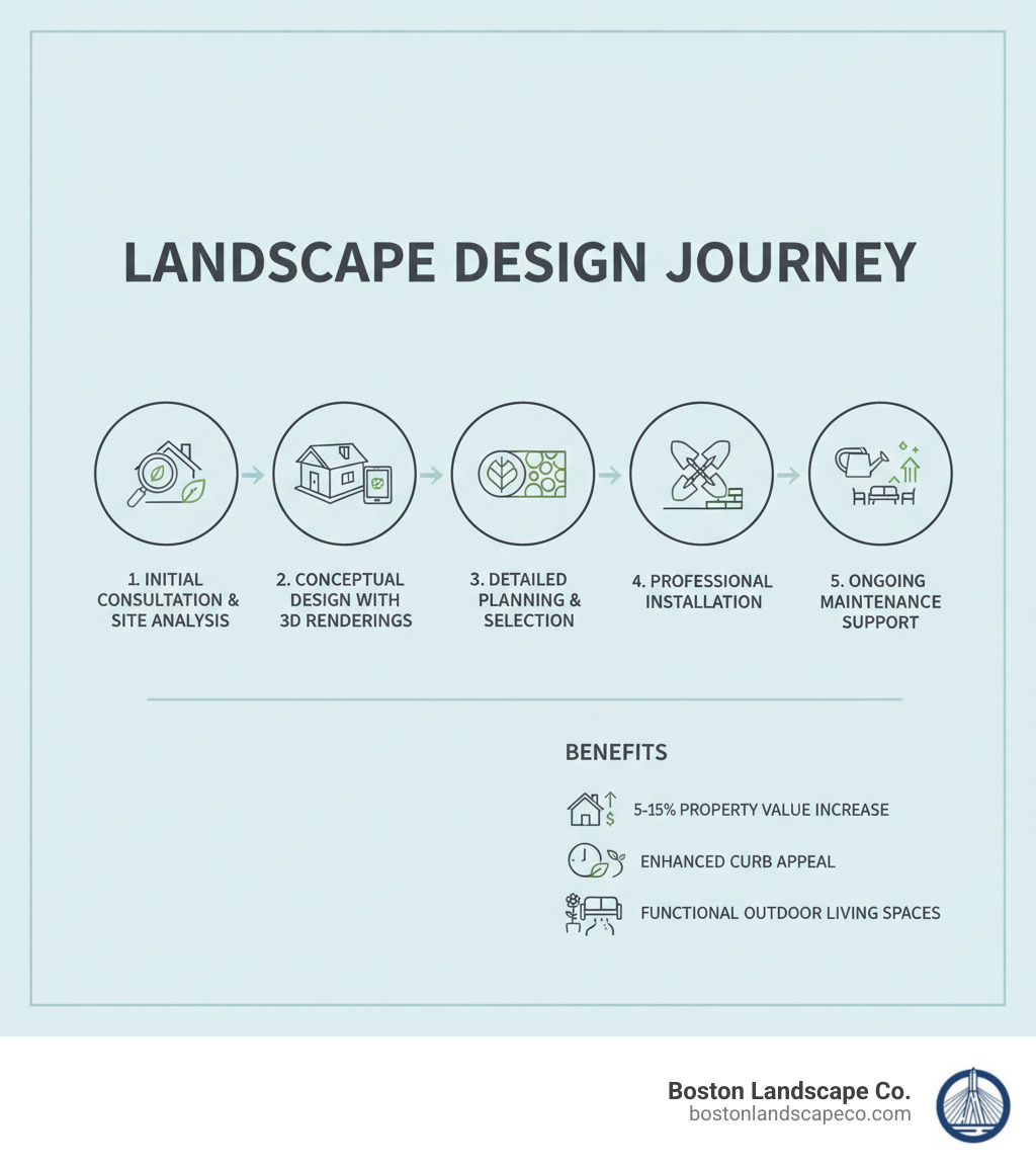 Infographic showing the landscape design process: 1) Initial consultation and site analysis, 2) Conceptual design with 3D renderings, 3) Detailed planning with material and plant selection, 4) Professional installation, 5) Ongoing maintenance support. Benefits shown include 5-15% increase in property value, reduced maintenance time, enhanced curb appeal, and functional outdoor living spaces. - Landscape Design Companies Near Me infographic 