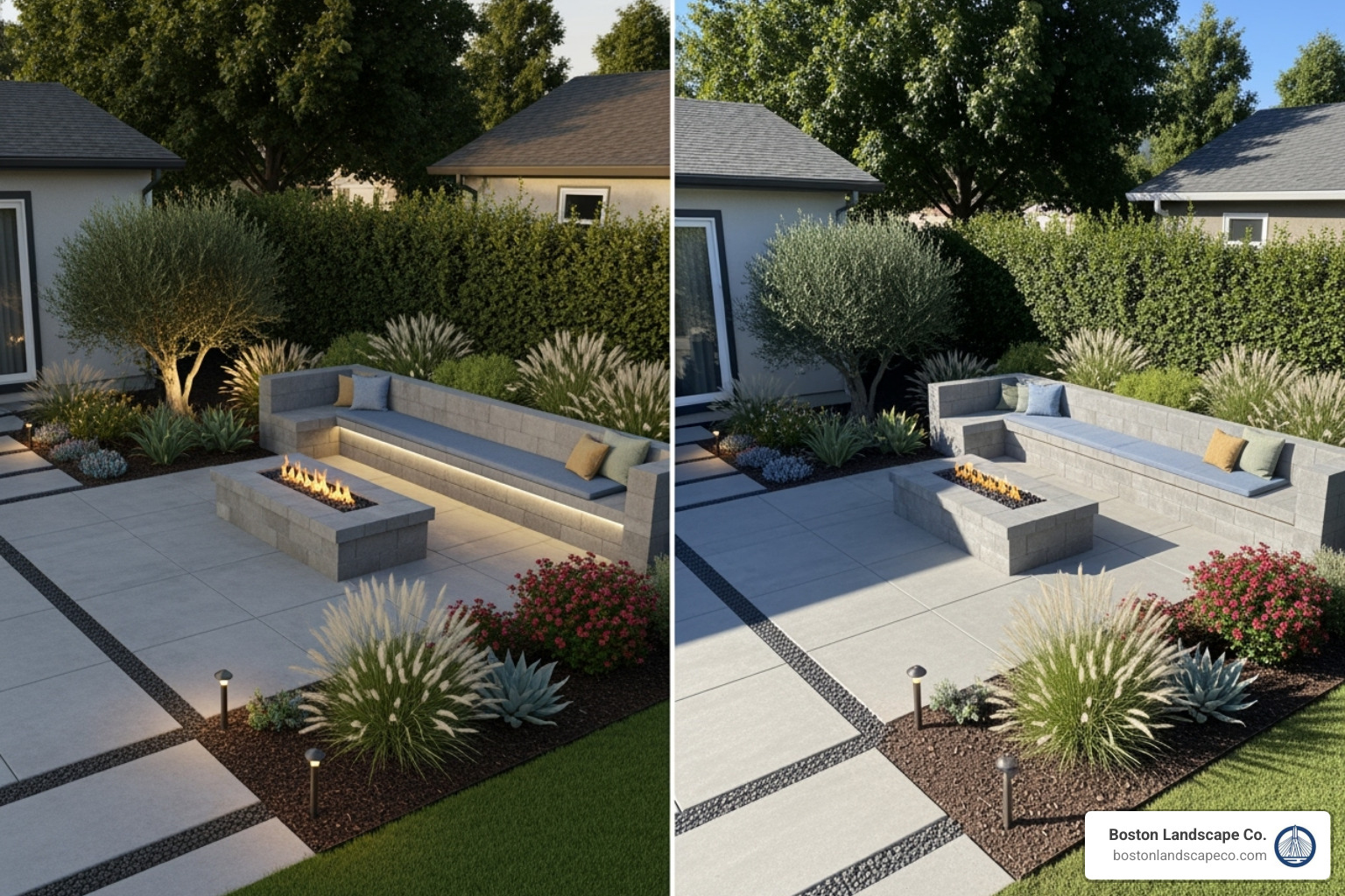 image of a 3D landscape rendering next to the completed project - Landscape Design Companies Near Me