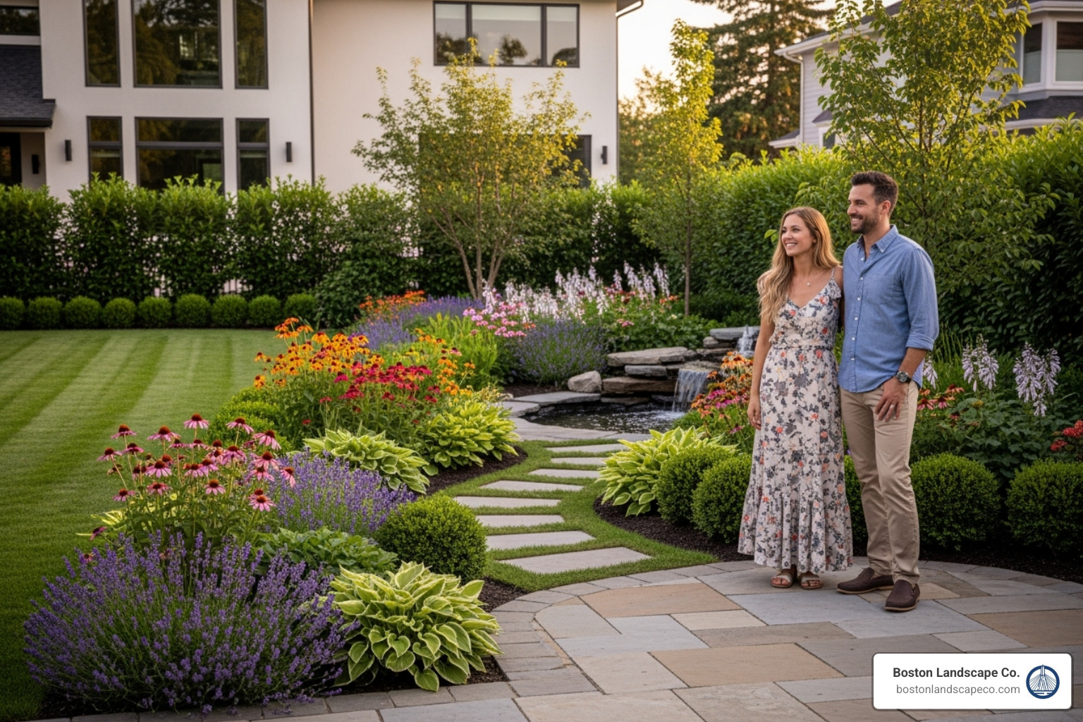 image of a beautifully completed local project with happy homeowners - Landscape Design Companies Near Me