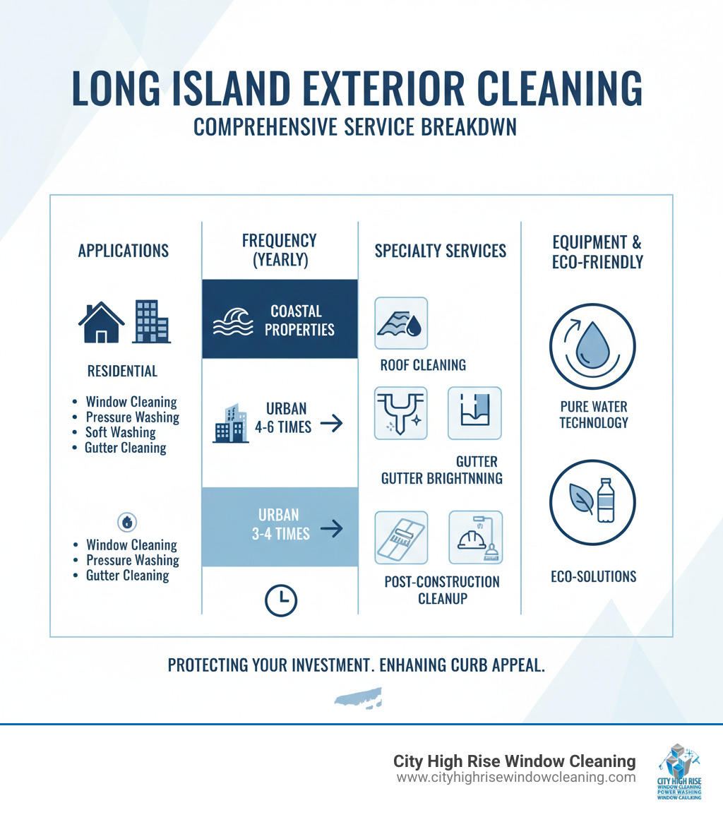 Comprehensive long island window cleaning and pressure washing service breakdown showing residential and commercial applications, recommended cleaning frequencies for coastal vs urban properties, and specialty services including roof cleaning, gutter brightening, deck restoration, and post-construction cleanup - long island window cleaning and pressure washing infographic Comprehensive long island window cleaning and pressure washing service breakdown showing residential and commercial applications, recommended cleaning frequencies for coastal vs urban properties, and specialty services including roof cleaning, gutter brightening, deck restoration, and post-construction cleanup - long island window cleaning and pressure washing infographic