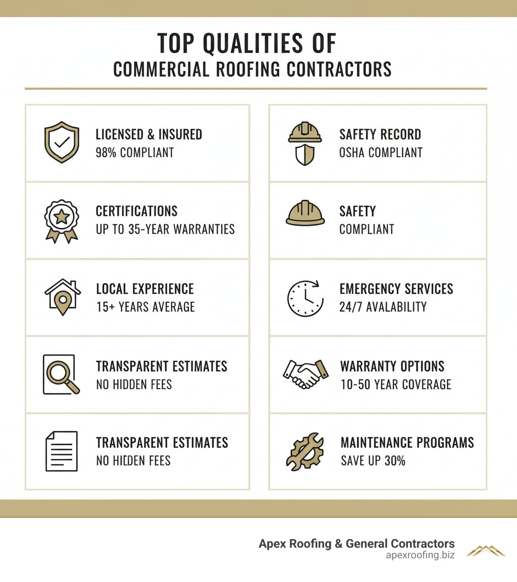 Infographic showing the key qualities of top commercial roofing contractors including licensing, certifications, local experience, transparent estimates, safety record, emergency services, warranty options, and maintenance programs with corresponding icons and statistics - commercial roofing contractors infographic 