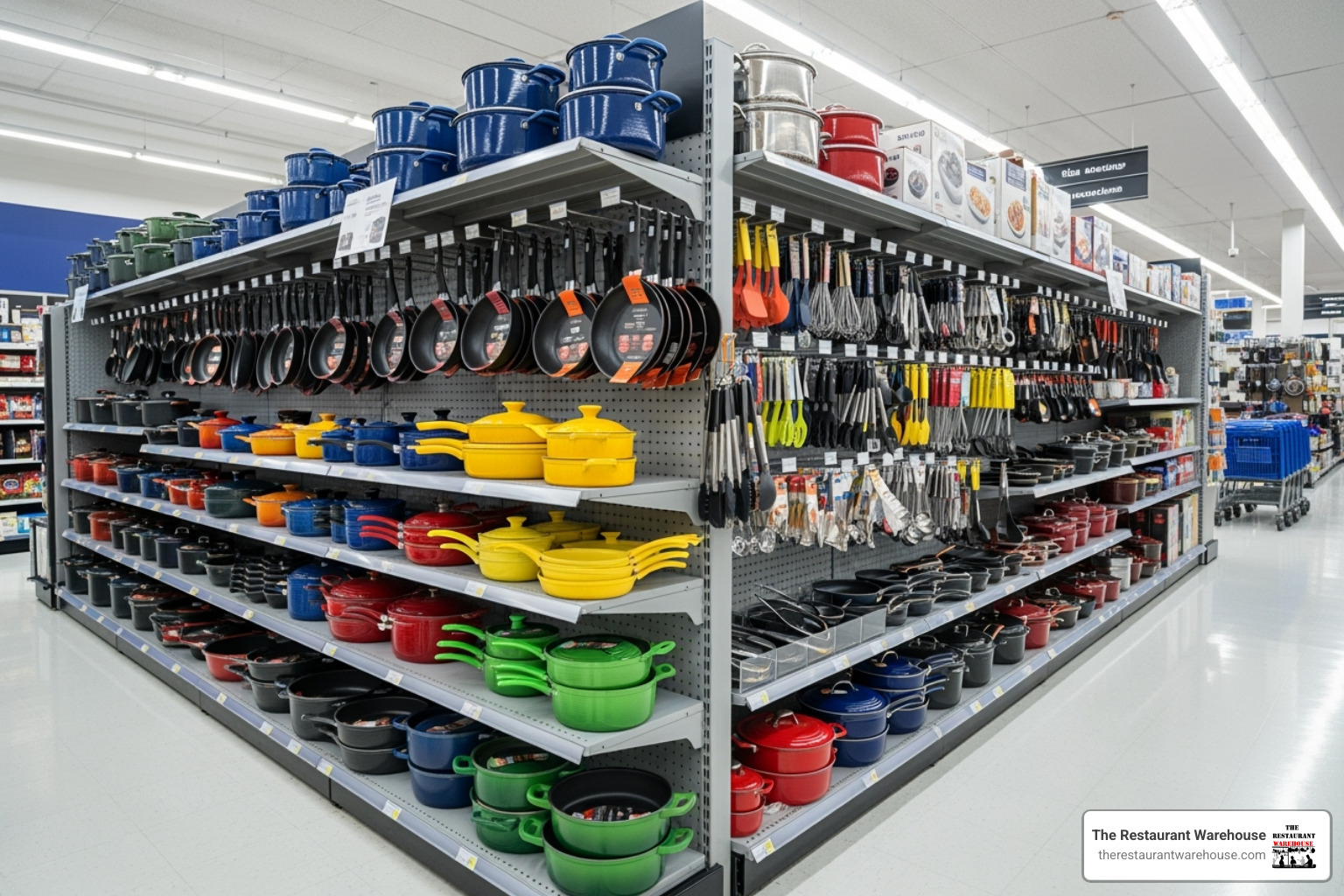 Retail store aisle displaying colorful cookware in Seattle - kitchen supplies Seattle