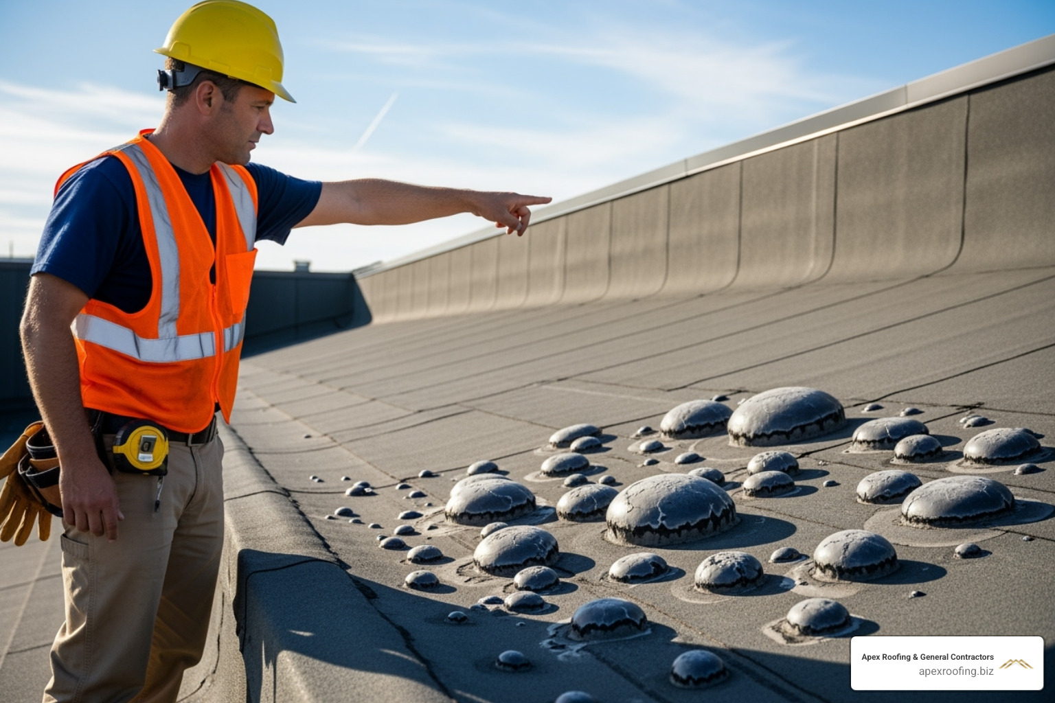 A contractor pointing out blistering on a flat roof membrane - commercial roofing contractors