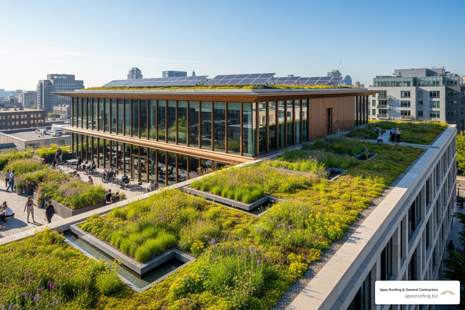 A commercial building with a vibrant green vegetative roof - commercial roofing contractors