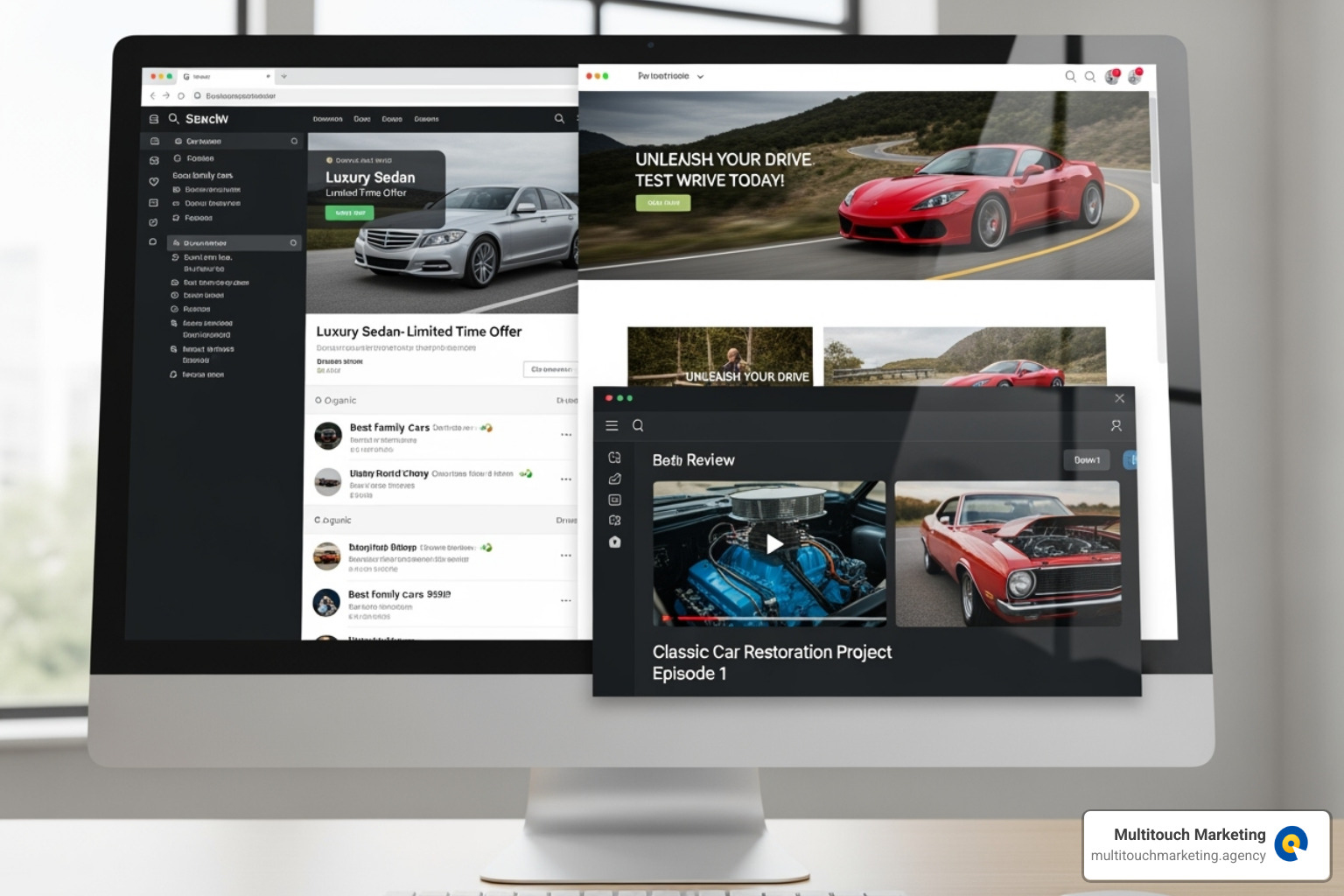 computer screen showing examples of Google Search, Display, and YouTube ads for cars - automotive ppc