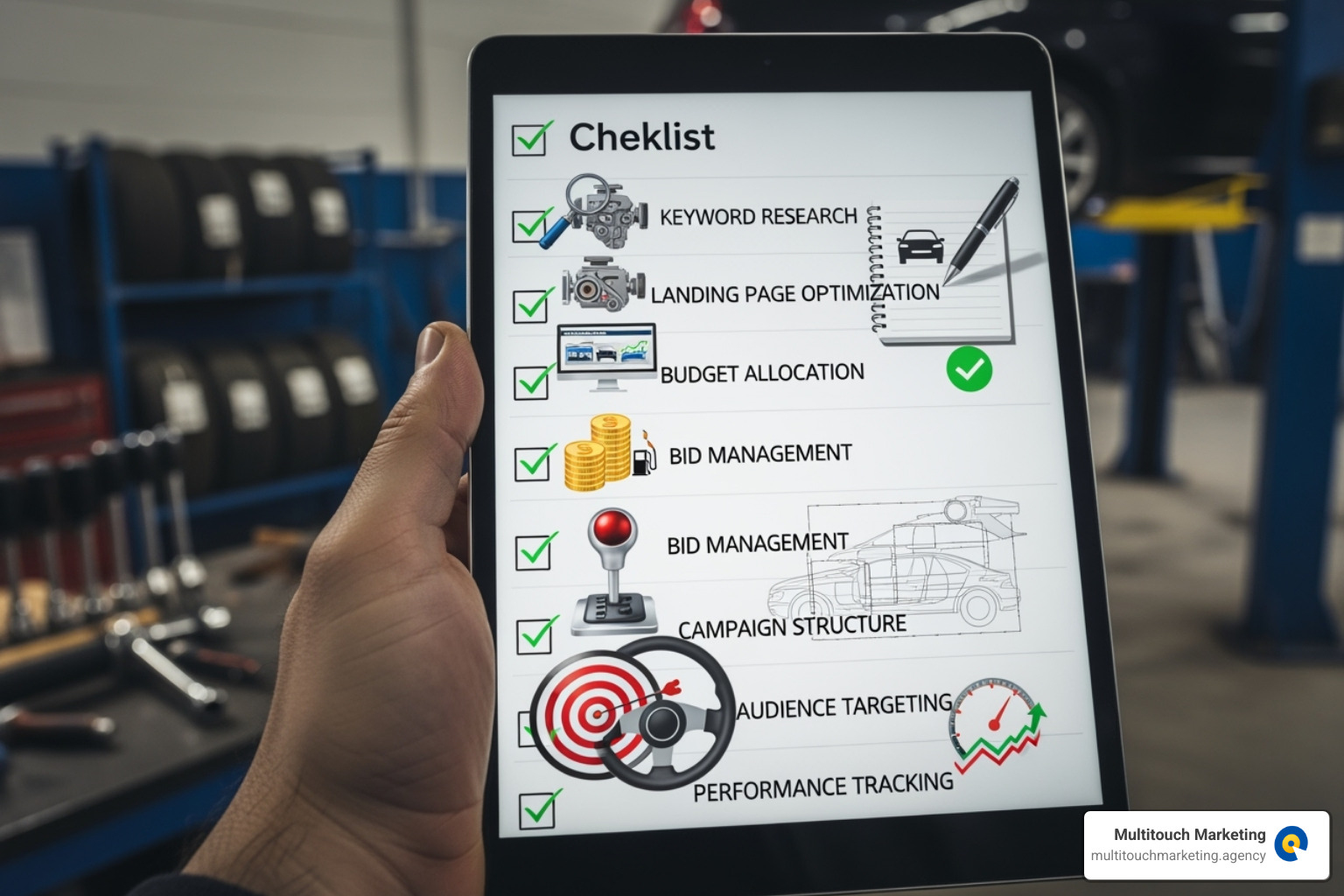 checklist for setting up a PPC campaign with automotive icons - automotive ppc