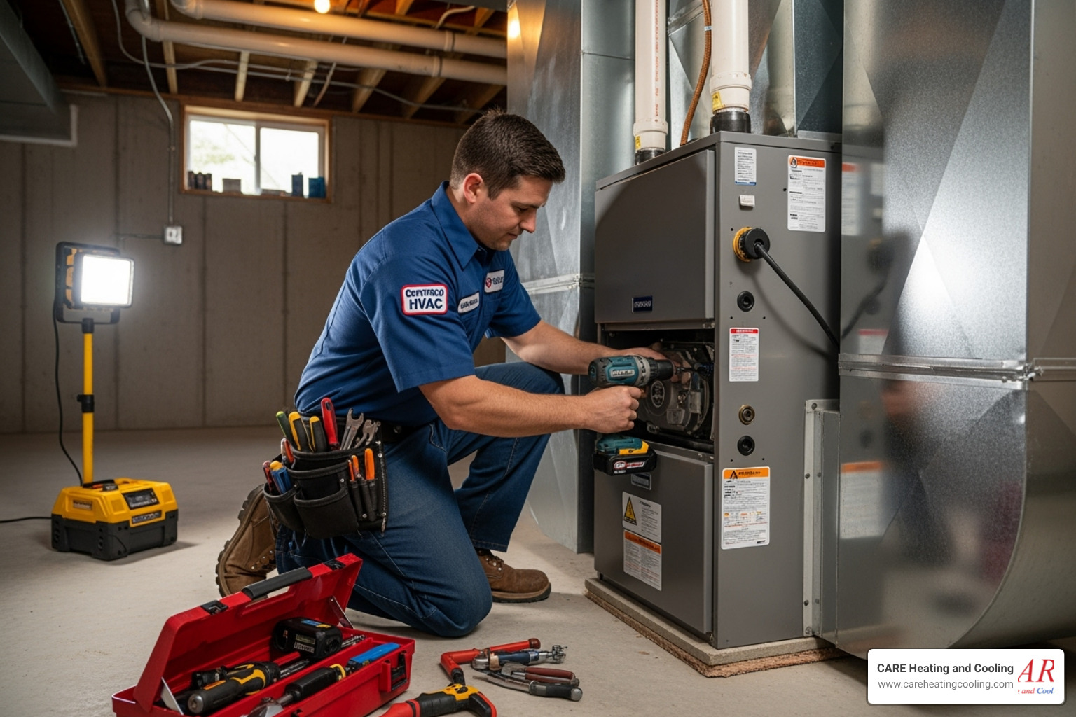 certified HVAC technician installing a new furnace - energy efficient furnace installation westerville